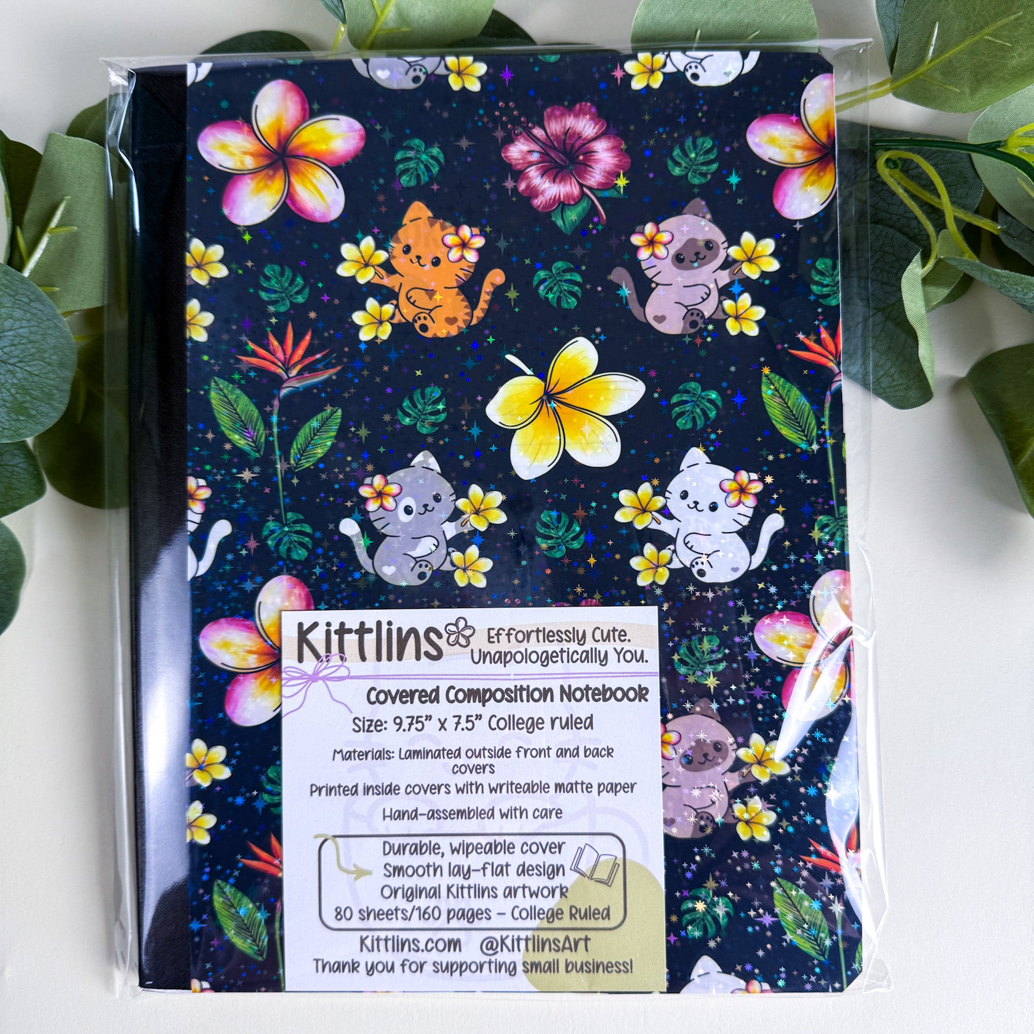 Tropical Cats and Flowers Night Sky Black Kittlins Notebook | Holographic Composition Notebook | 160 Pages | College Ruled