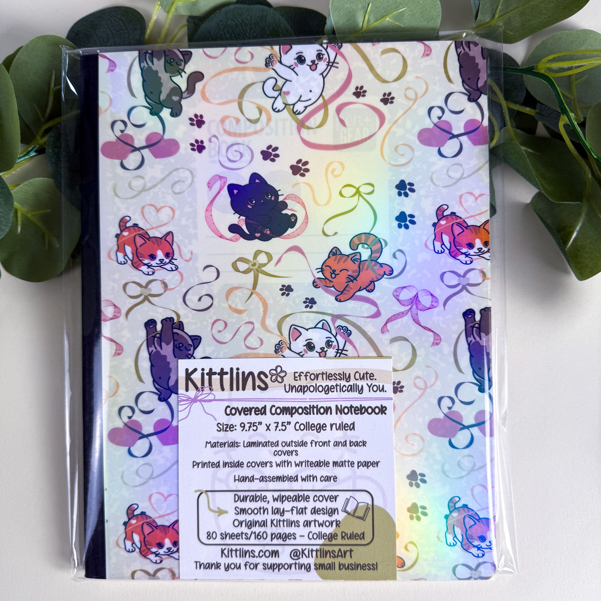 Ribbons and Pawprints Kittlins Notebook | Holographic Composition Notebook | 160 Pages | College Ruled