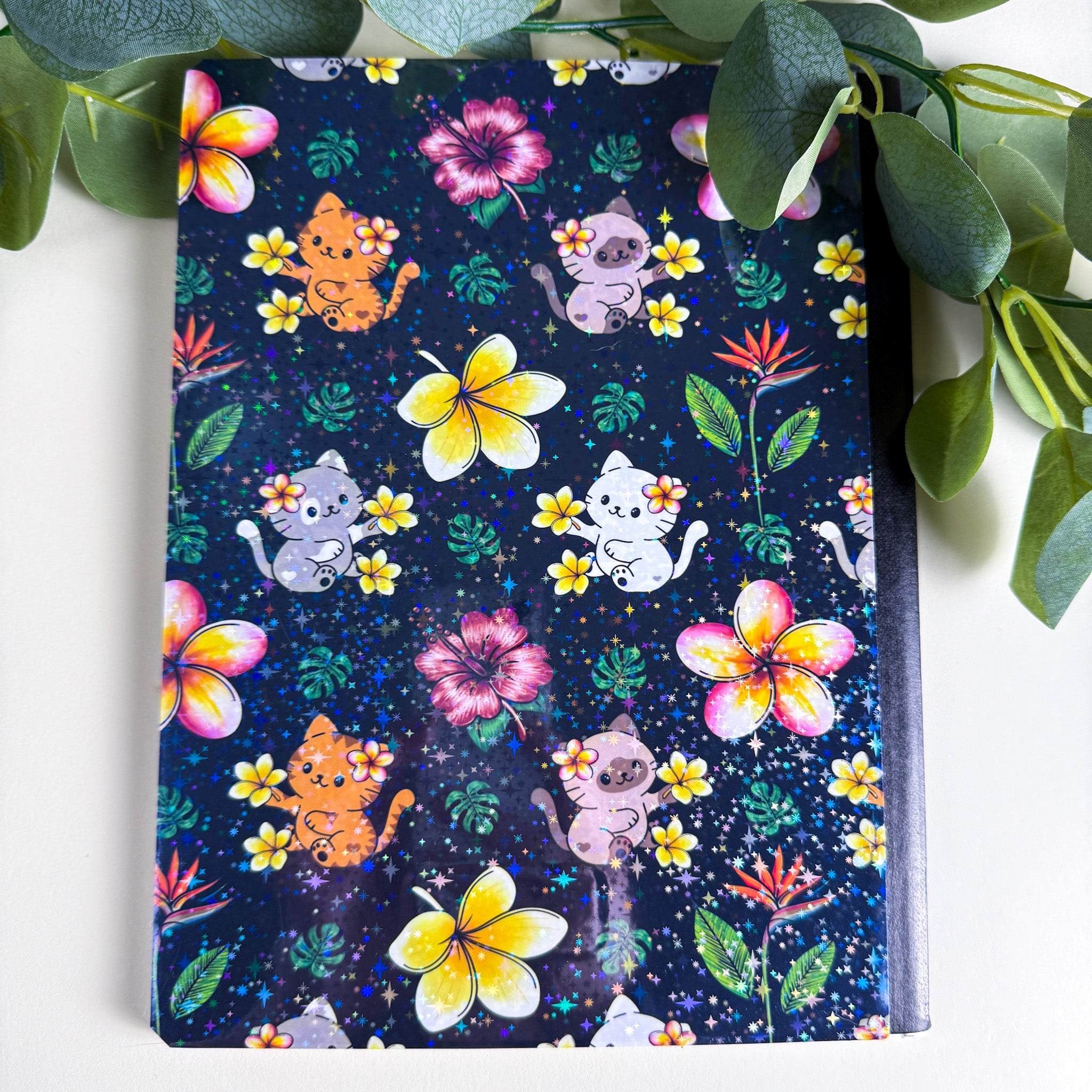 Tropical Cats and Flowers Night Sky Black Kittlins Notebook | Holographic Composition Notebook | 160 Pages | College Ruled