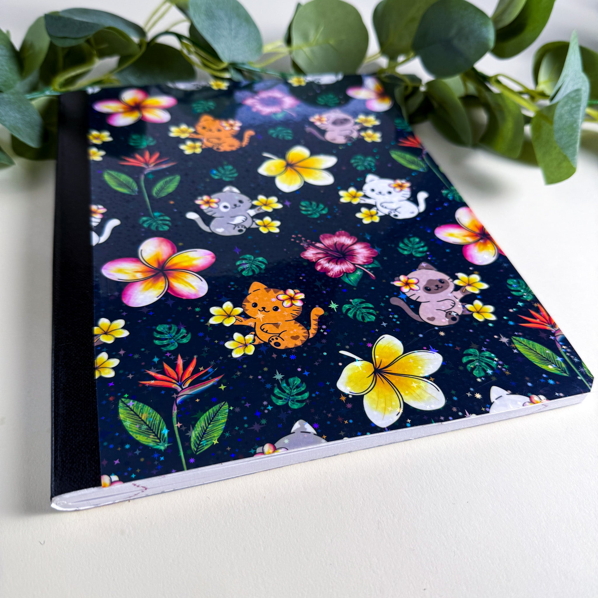 Tropical Cats and Flowers Night Sky Black Kittlins Notebook | Holographic Composition Notebook | 160 Pages | College Ruled