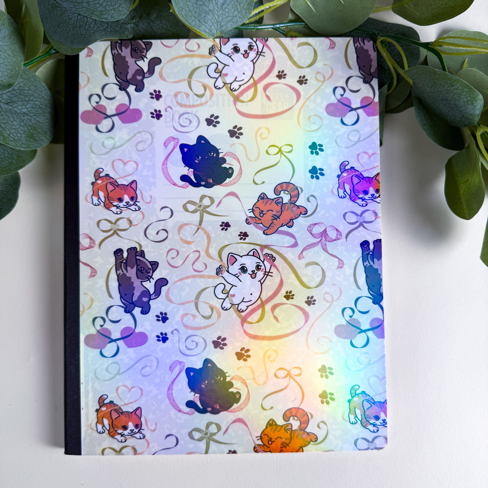 Ribbons and Pawprints Kittlins Notebook | Holographic Composition Notebook | 160 Pages | College Ruled