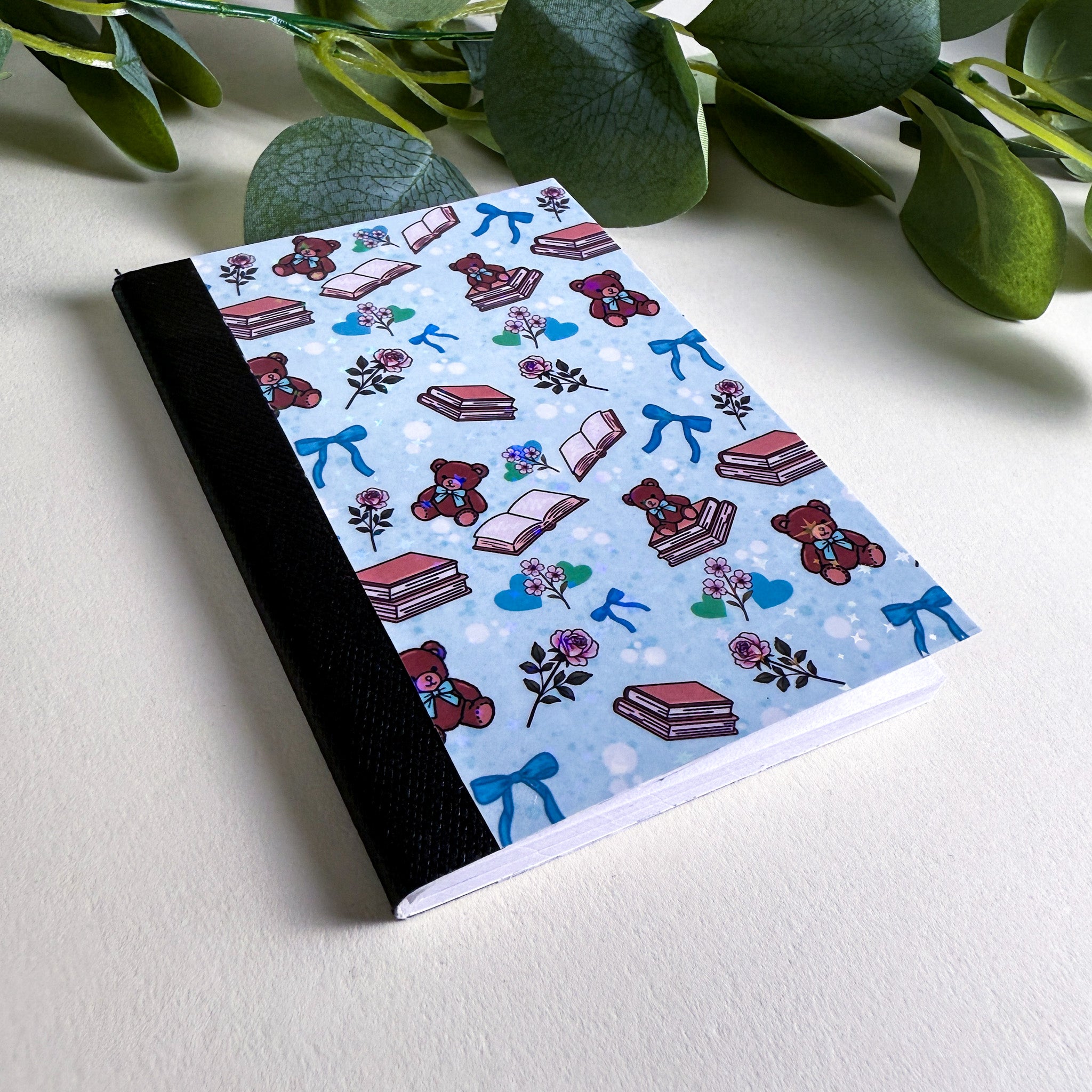 Mini Bears and Books Blue Notebook | Holographic Composition Notebook | 120 Pages | College Ruled