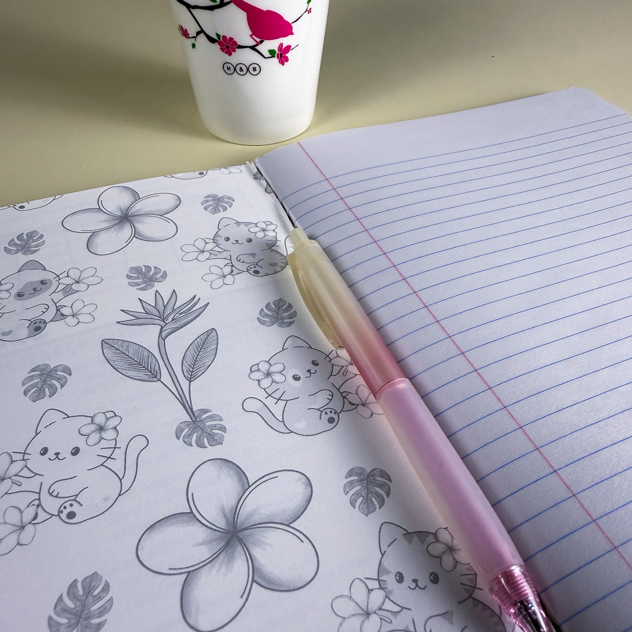 Tropical Cats and Flowers Night Sky Black Kittlins Notebook | Holographic Composition Notebook | 160 Pages | College Ruled