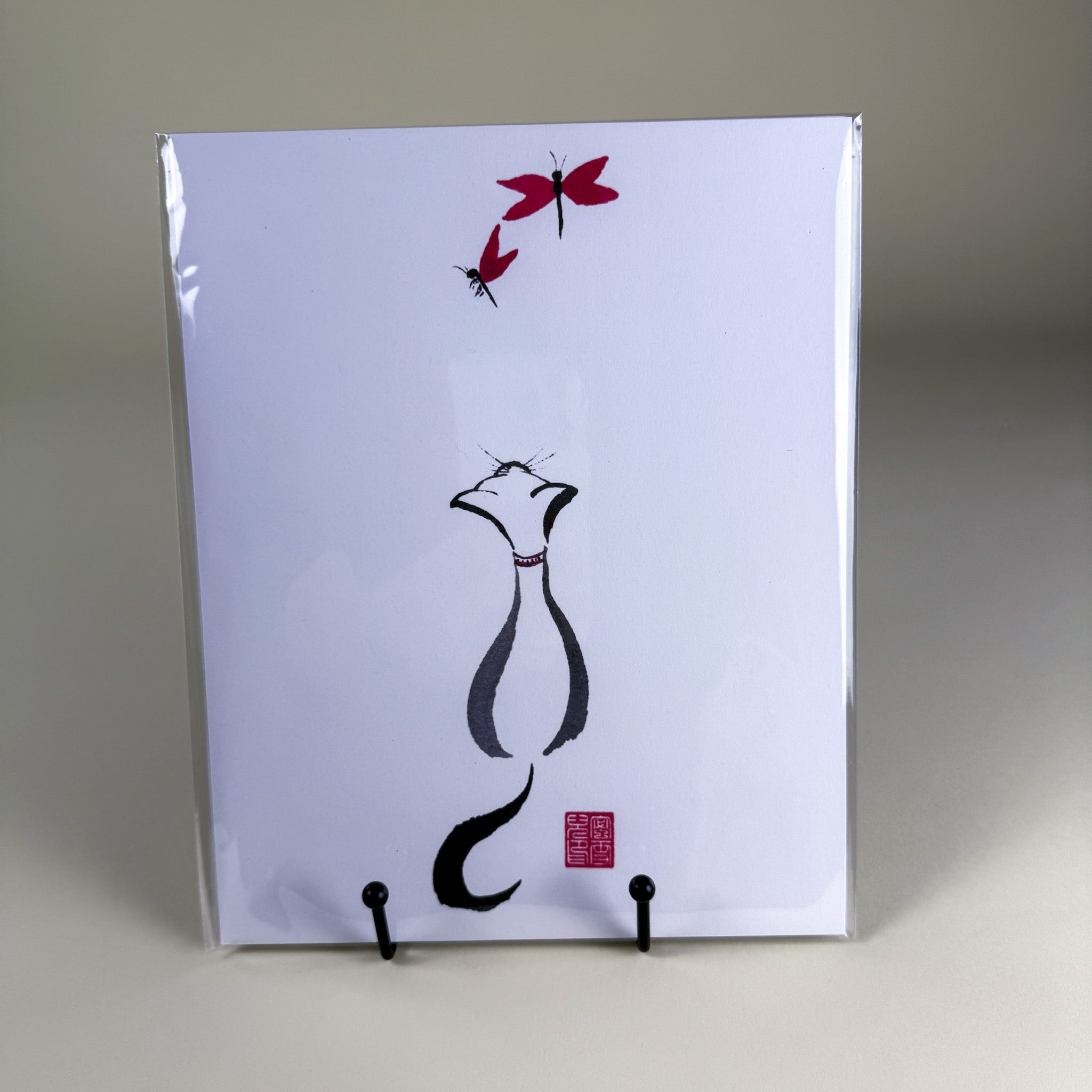 Sumi-e Brush Dragonfly and Cat - Alohi&