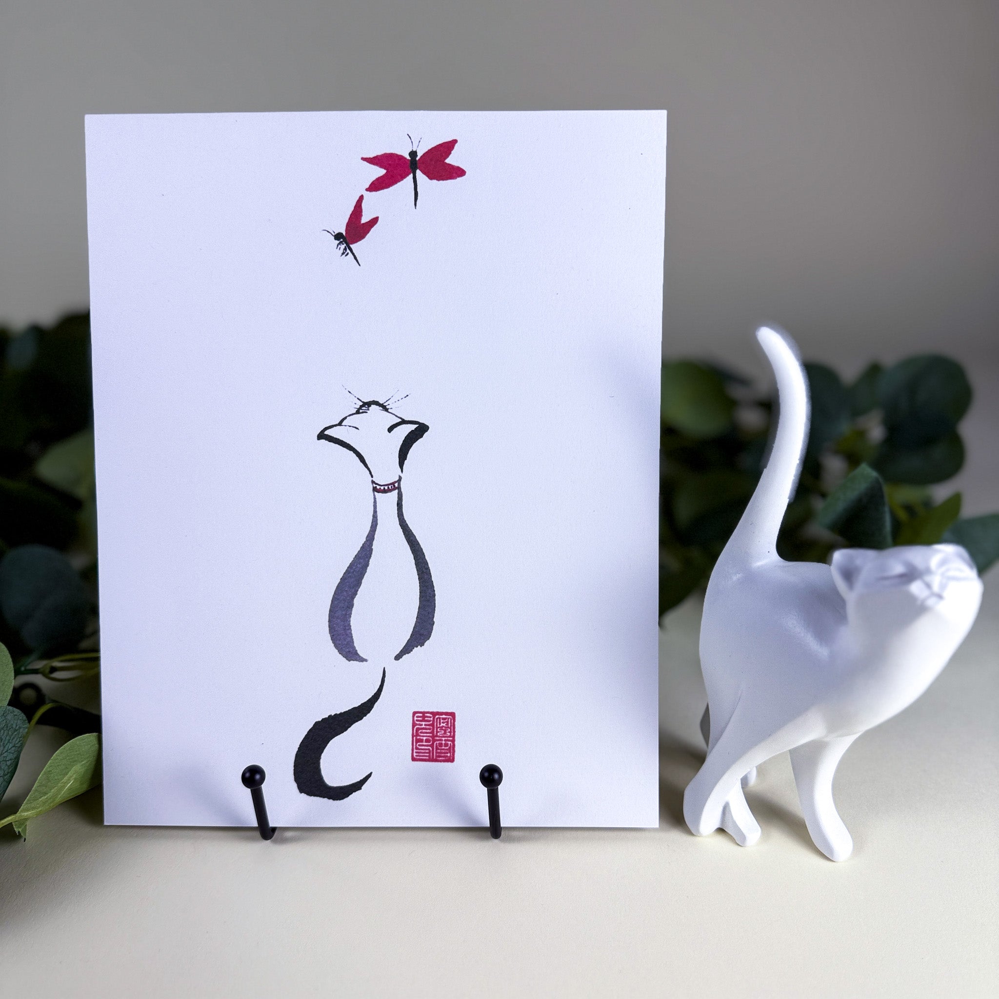 Sumi-e Brush Dragonfly and Cat - Alohi&