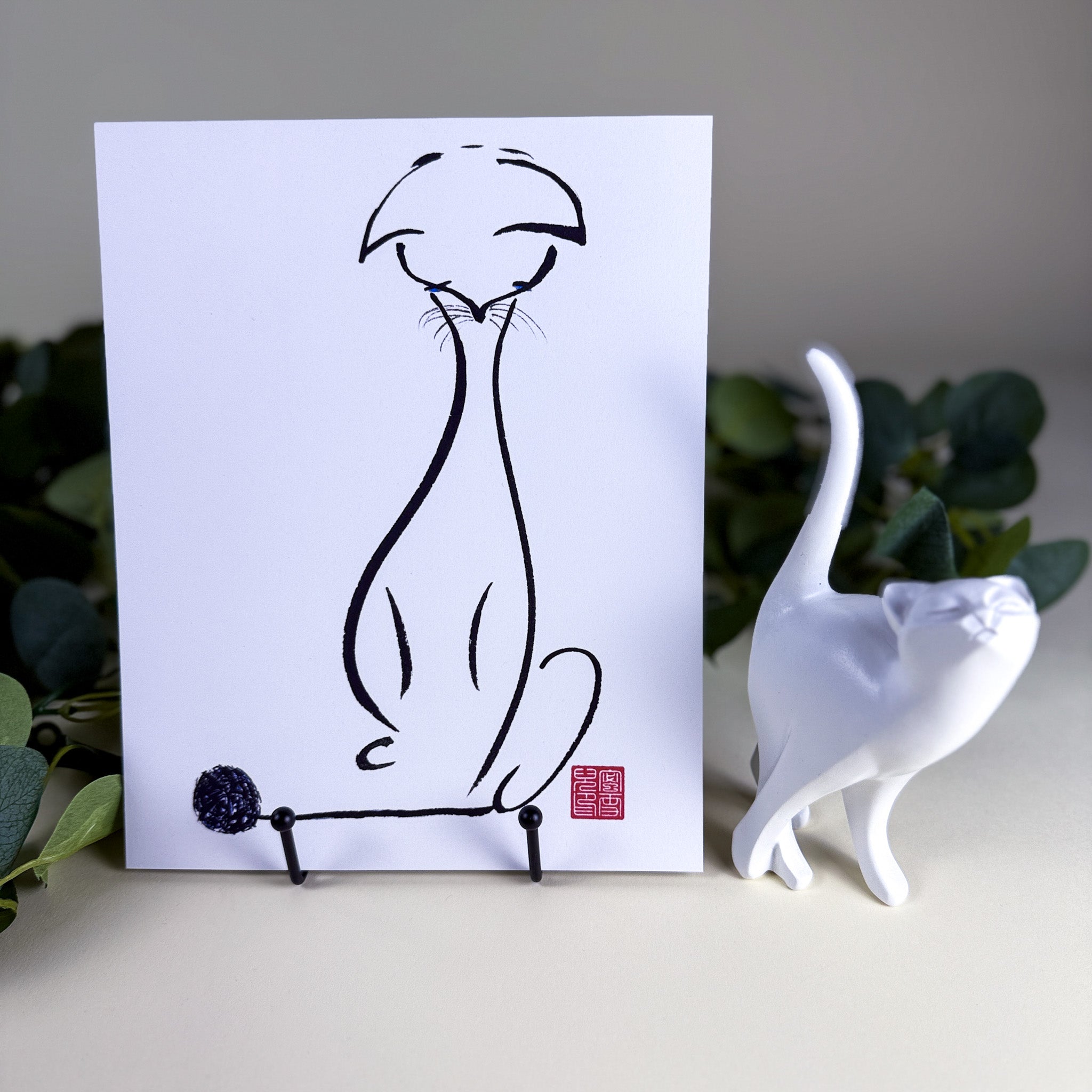 Sumi-e Brush Cat and Yarn - Maybe or Maybe Not | 8" x 10" | Serene Ink Painting