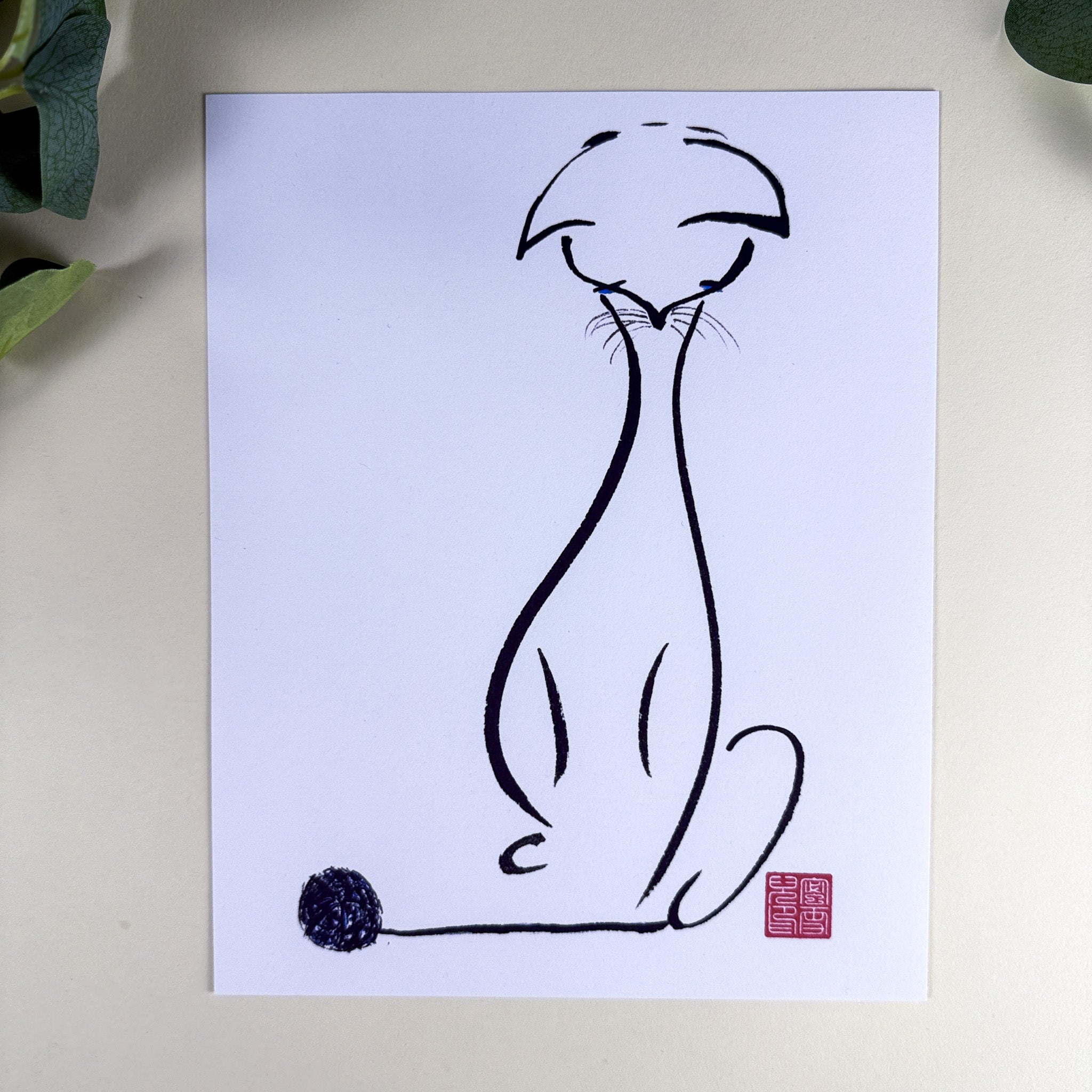 Sumi-e Brush Cat and Yarn - Maybe or Maybe Not | 8" x 10" | Serene Ink Painting