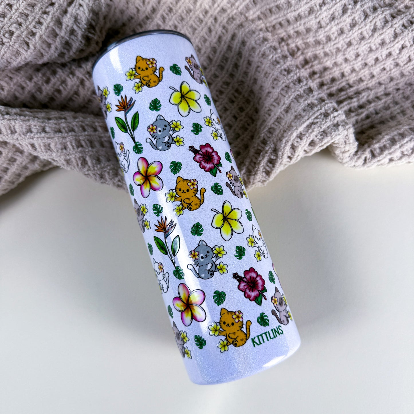 Tropical Cats 20 oz Holographic White Stainless Steel Tumbler