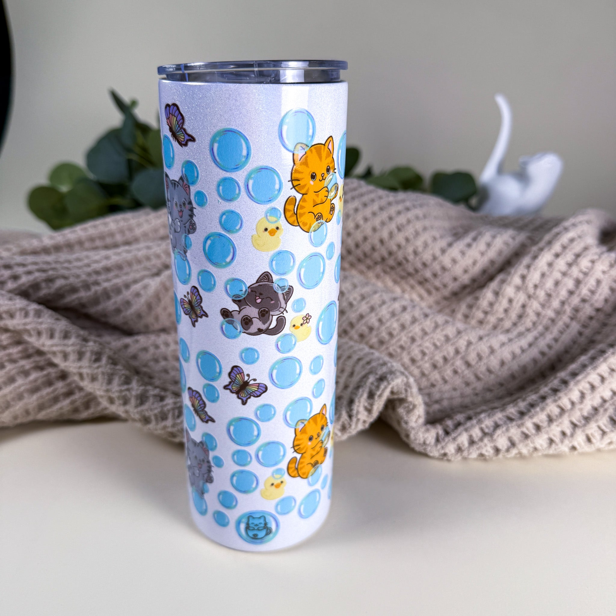 Bubble Cat Tumbler | 20 oz White Holographic Stainless Steel | Kittlins Drinkware