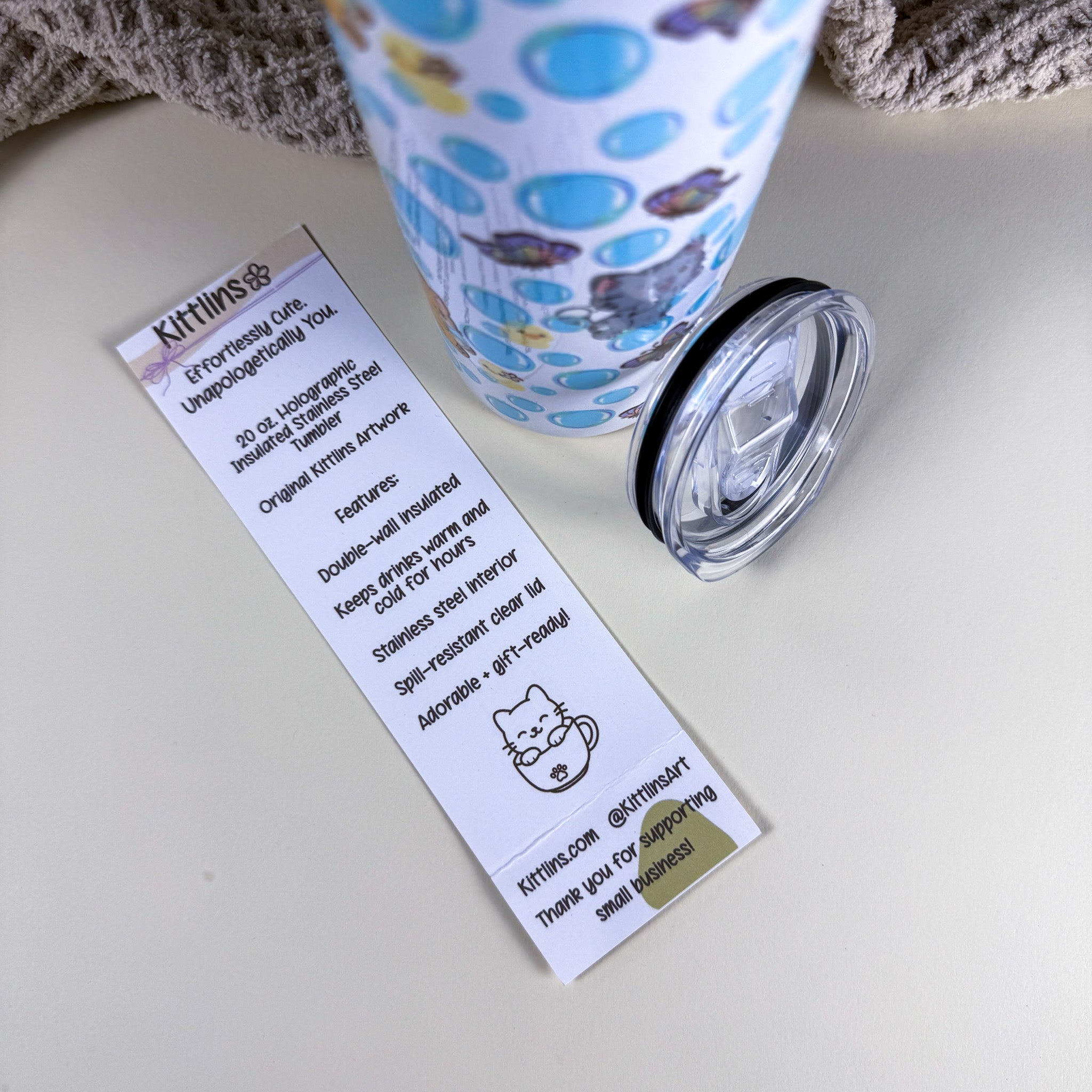 Bubble Cat Tumbler | 20 oz White Holographic Stainless Steel | Kittlins Drinkware