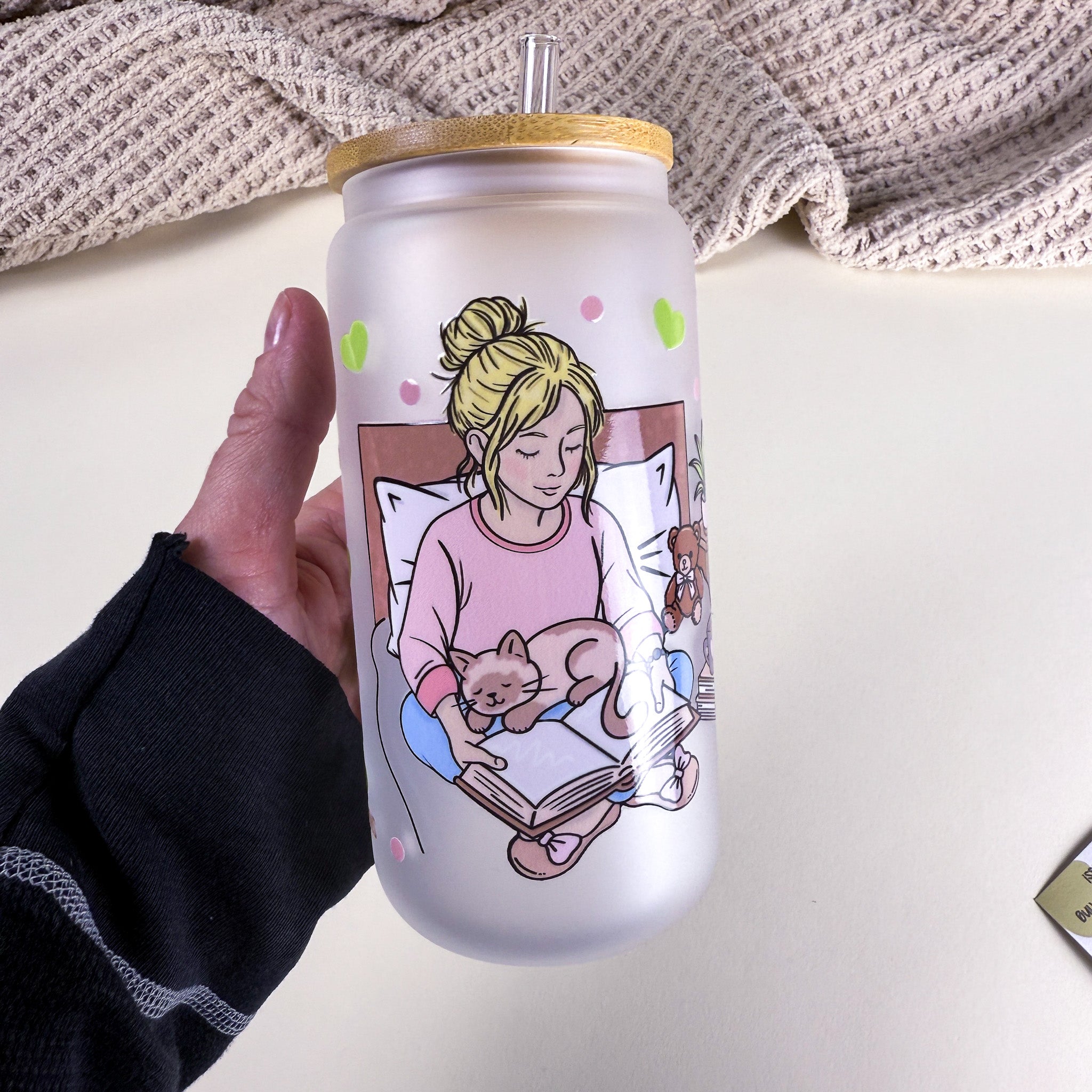 Cozy is my Vibe 16 oz Frosted Glass Can Drinkware | Book Lover Cup |Kittlins