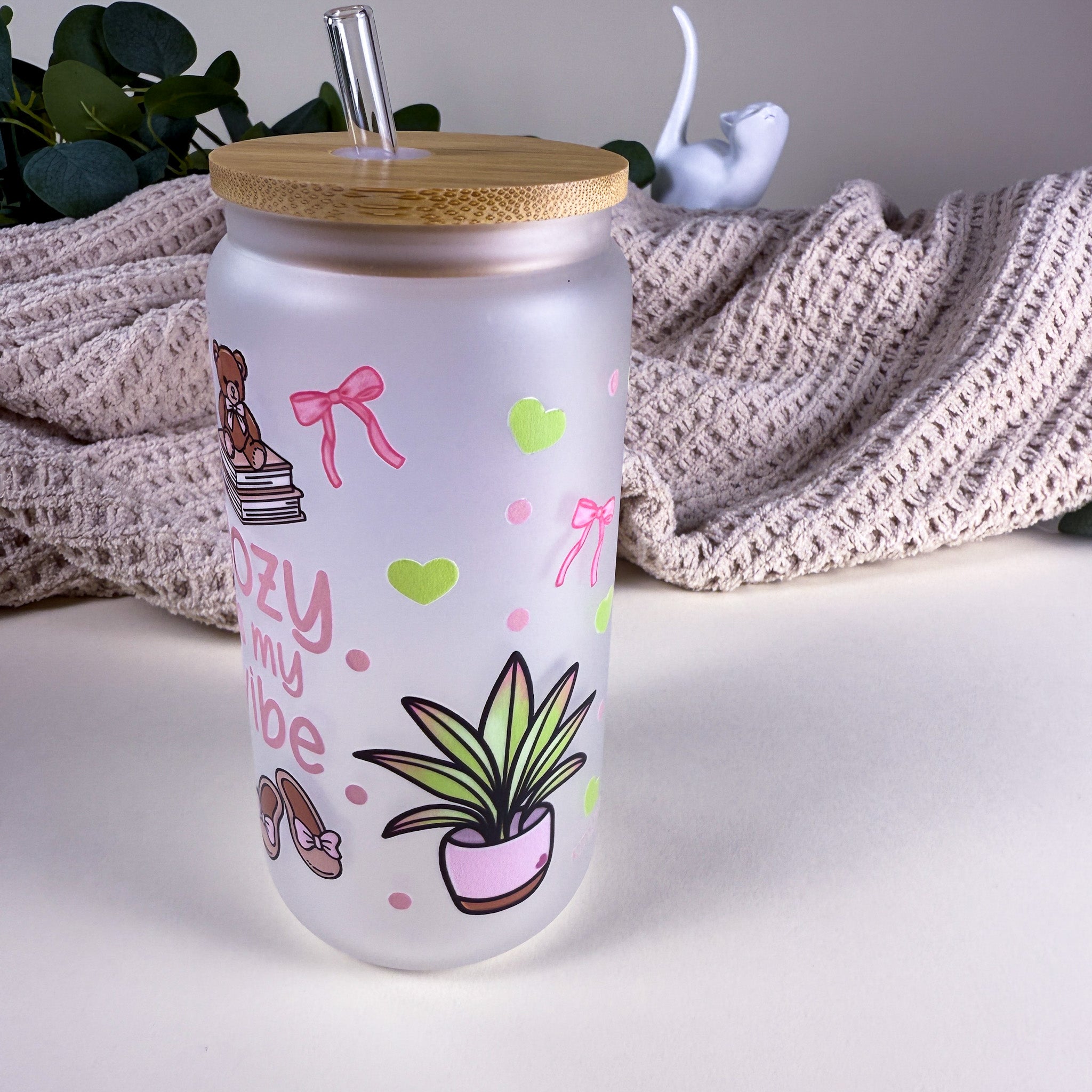 Cozy is my Vibe 16 oz Frosted Glass Can Drinkware | Book Lover Cup |Kittlins