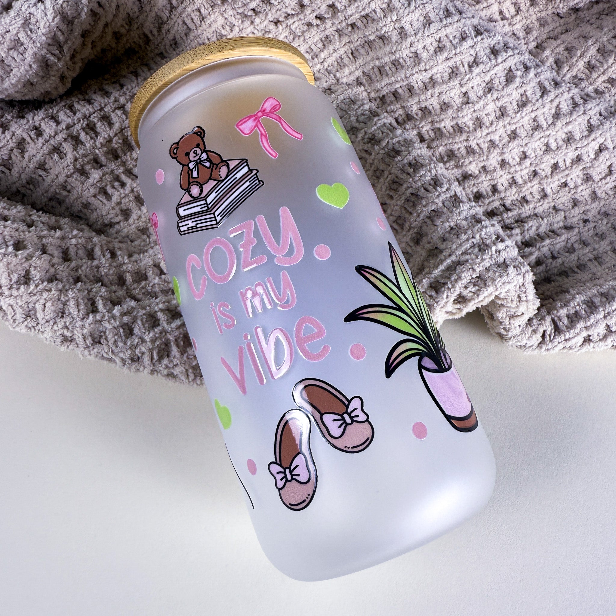 Cozy is my Vibe 16 oz Frosted Glass Can Drinkware | Book Lover Cup |Kittlins