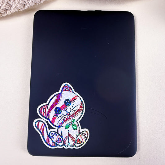 Peppermint Kittlin Holiday Cat Vinyl Glossy or Holographic Sticker