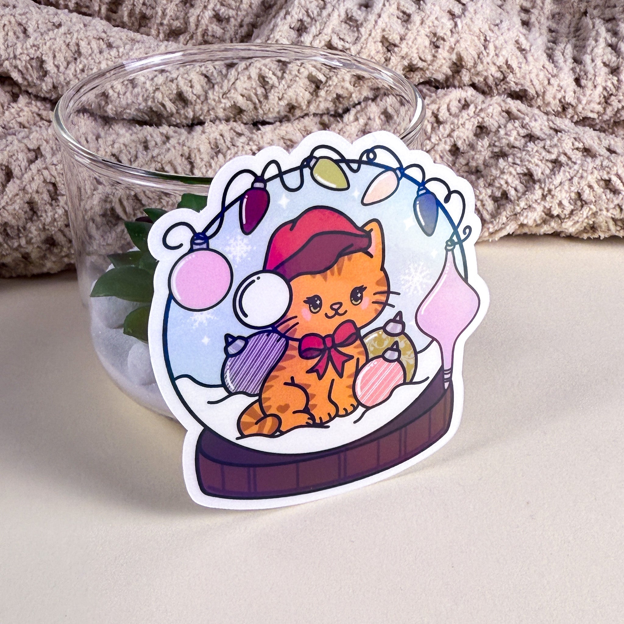 Orange Snow Globe Kittlin Vinyl Sticker | 3 inch | Holiday Cat Sticker | Soft Rainbow Holographic