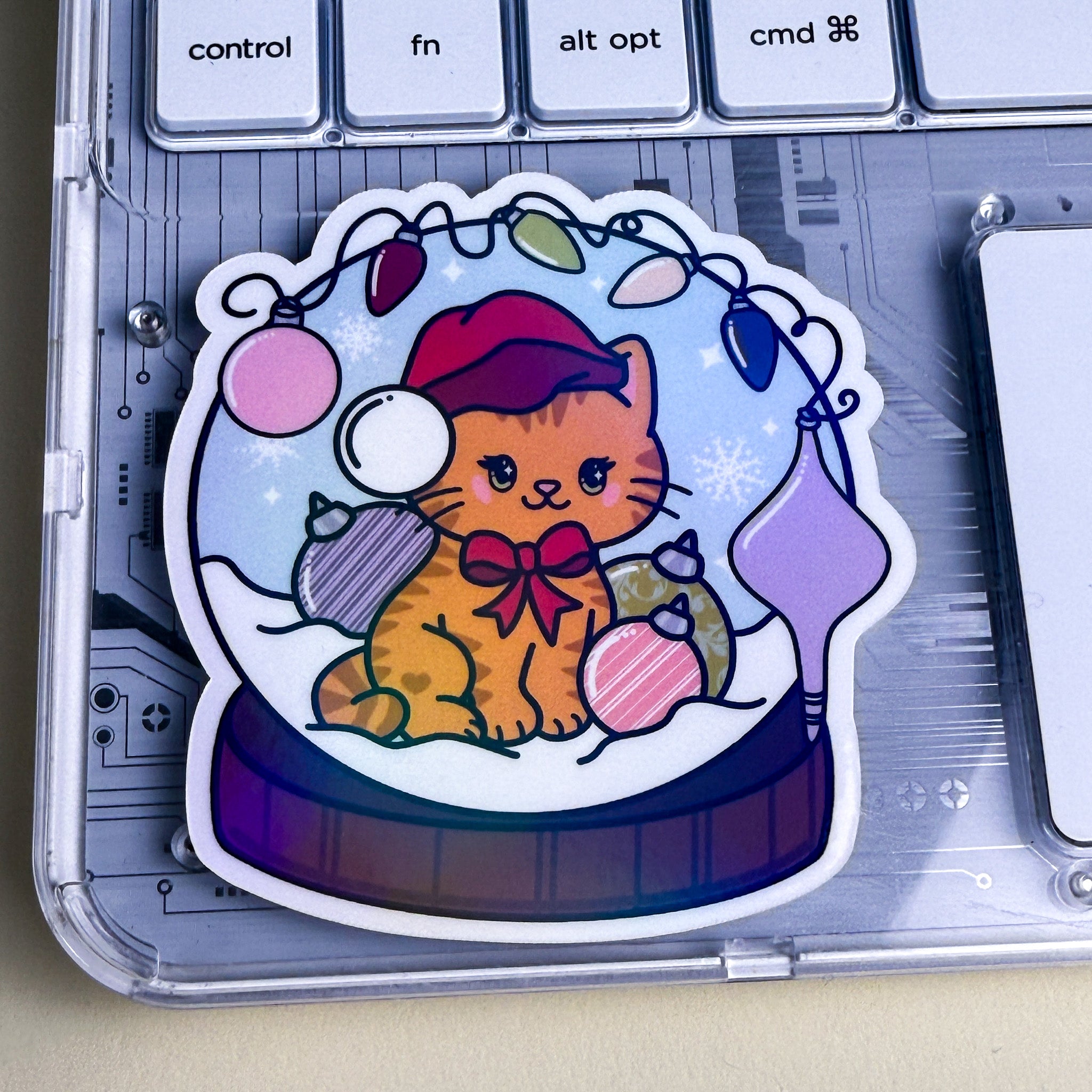 Orange Snow Globe Kittlin Vinyl Sticker | 3 inch | Holiday Cat Sticker | Soft Rainbow Holographic