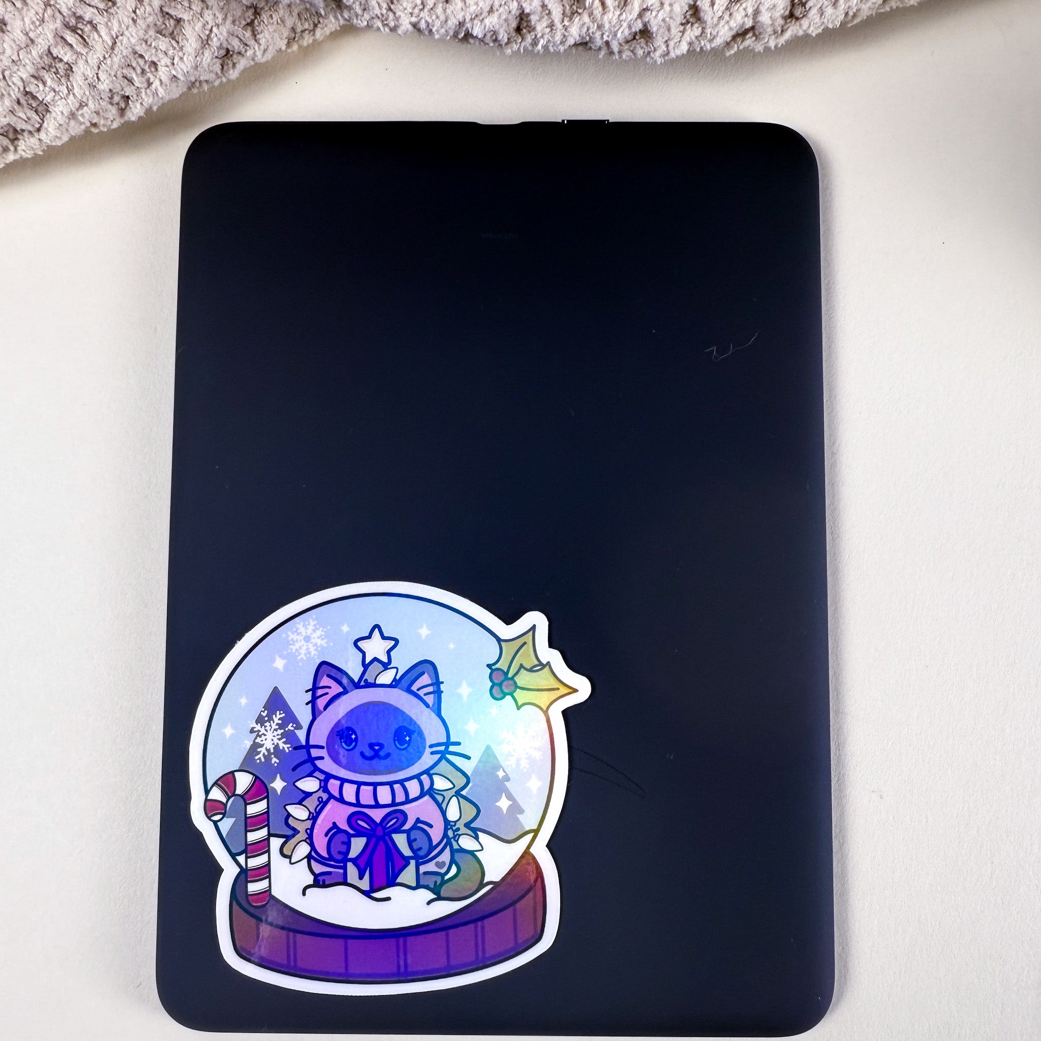 Siamese Snow Globe Kittlin Vinyl Sticker | 3 inch | Holiday Cat Sticker | Soft Rainbow Holographic