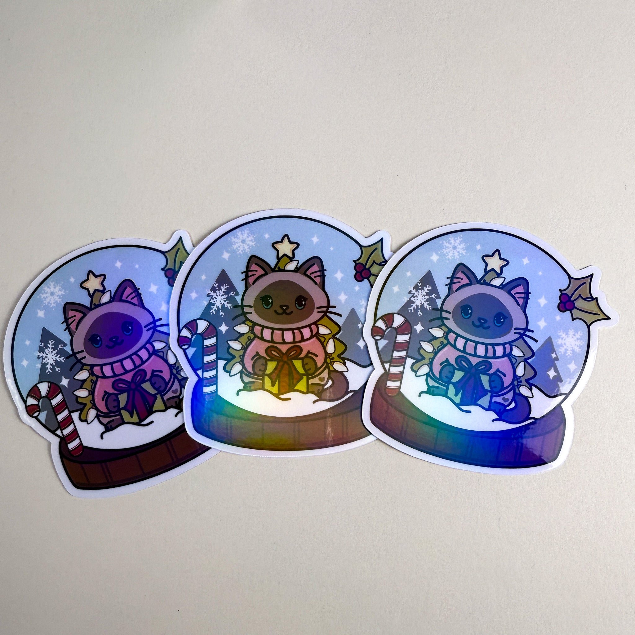 Siamese Snow Globe Kittlin Vinyl Sticker | 3 inch | Holiday Cat Sticker | Soft Rainbow Holographic
