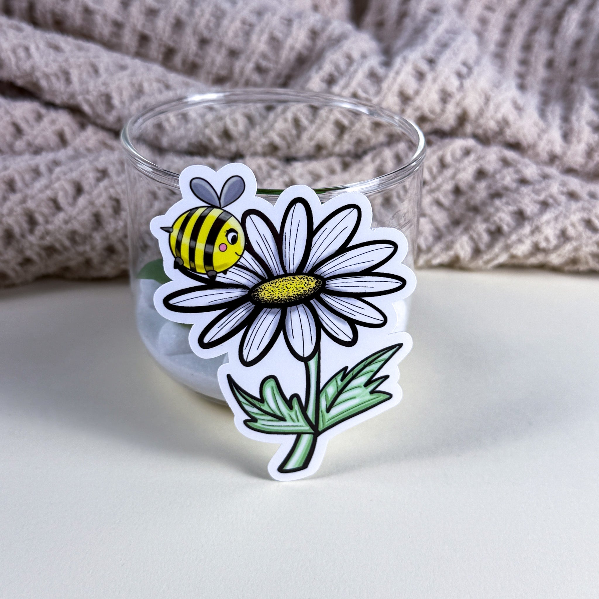 Cute Bee & Daisy Vinyl Sticker - 3 inch | Waterproof Floral Bee Sticker | Glossy & Holographic