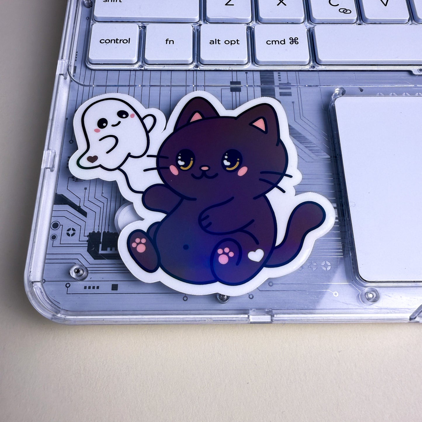 Spooky Cat & Ghost Vinyl Holographic Sticker