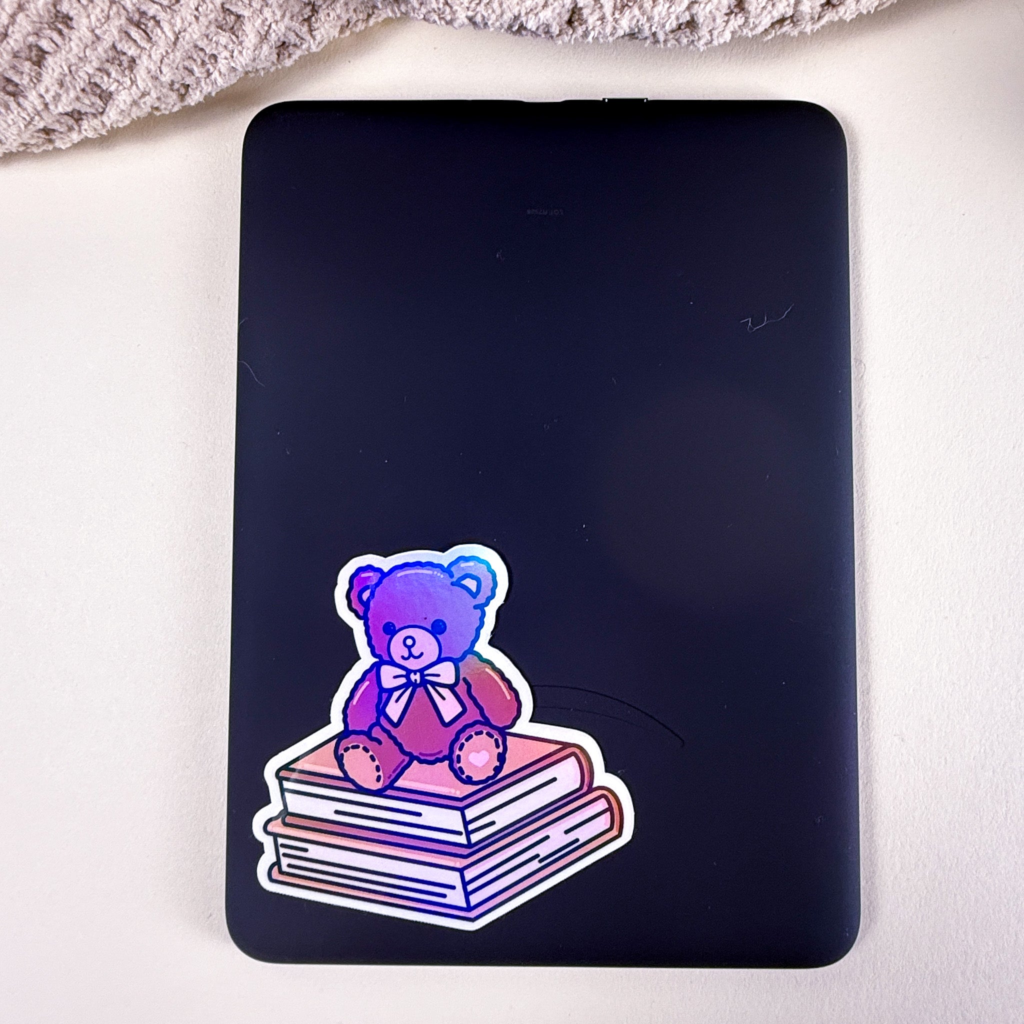 Teddy on Books Vinyl Sticker | 3 inch | Cozy Reader Sticker | Soft Rainbow Holographic