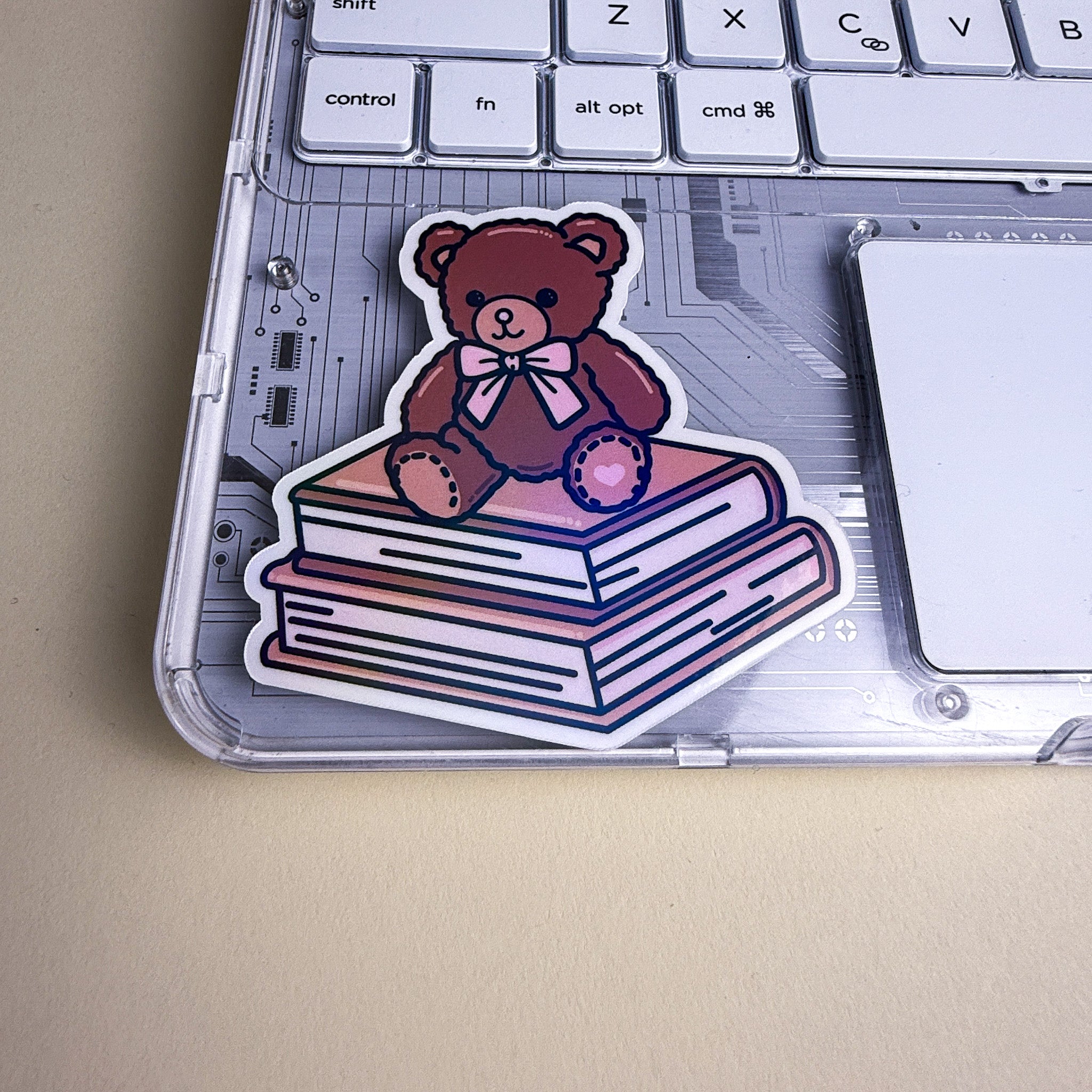 Teddy on Books Vinyl Sticker | 3 inch | Cozy Reader Sticker | Soft Rainbow Holographic