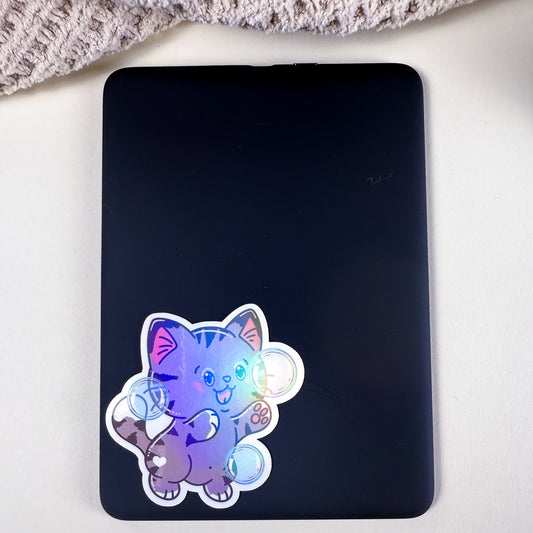 Gray Bubble Bath Cat Vinyl Holographic Sticker
