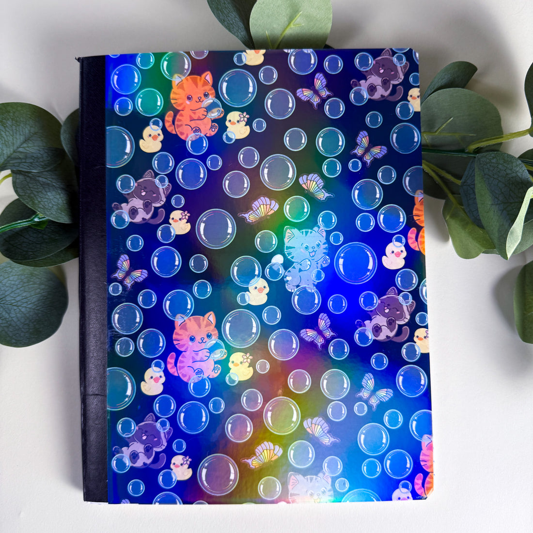 Bubbles, Butterflies, &amp; Cats Kittlins Notebook | Holographic Composition Notebook | 160 Pages | College Ruled