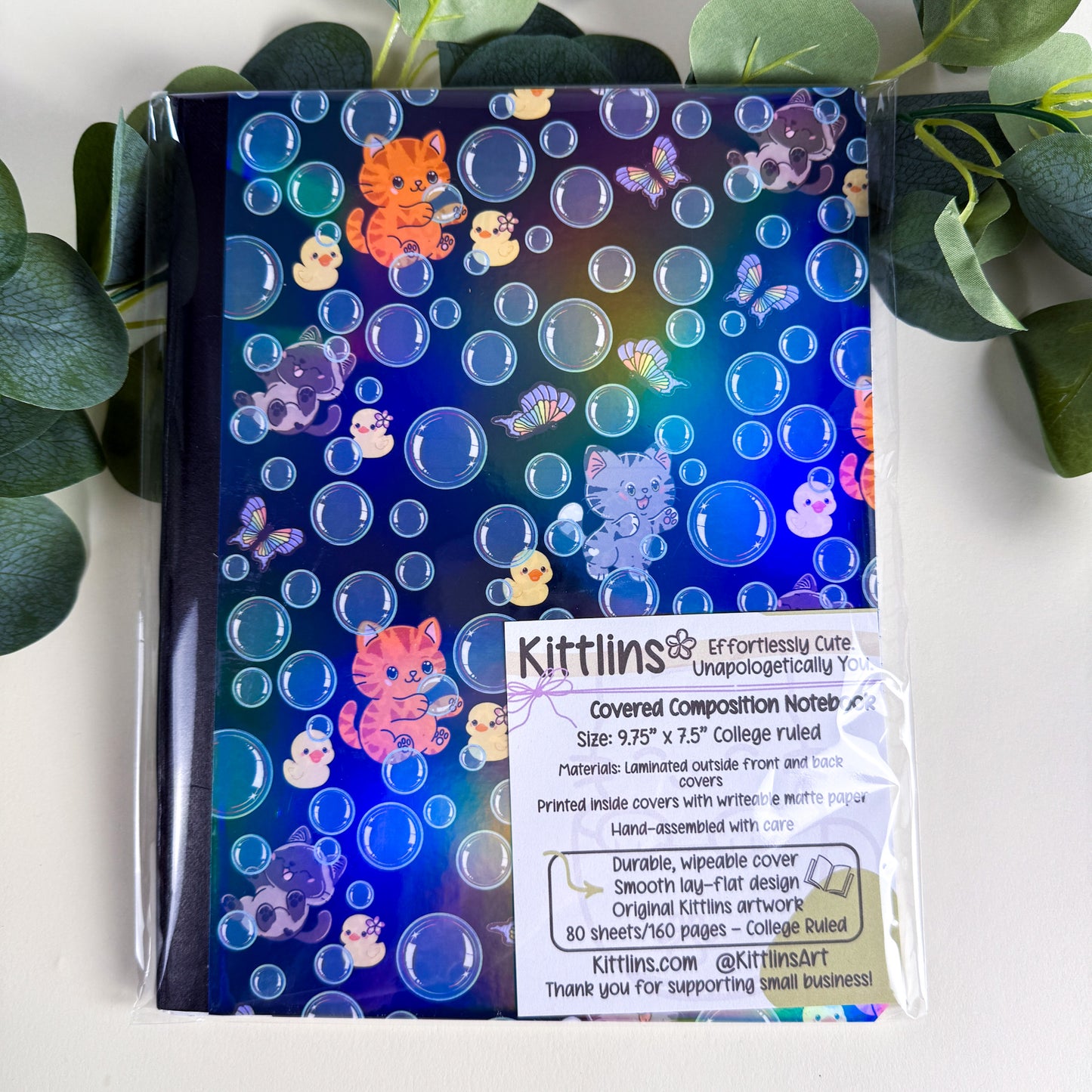 Bubbles, Butterflies & Cats Holographic Notebook
