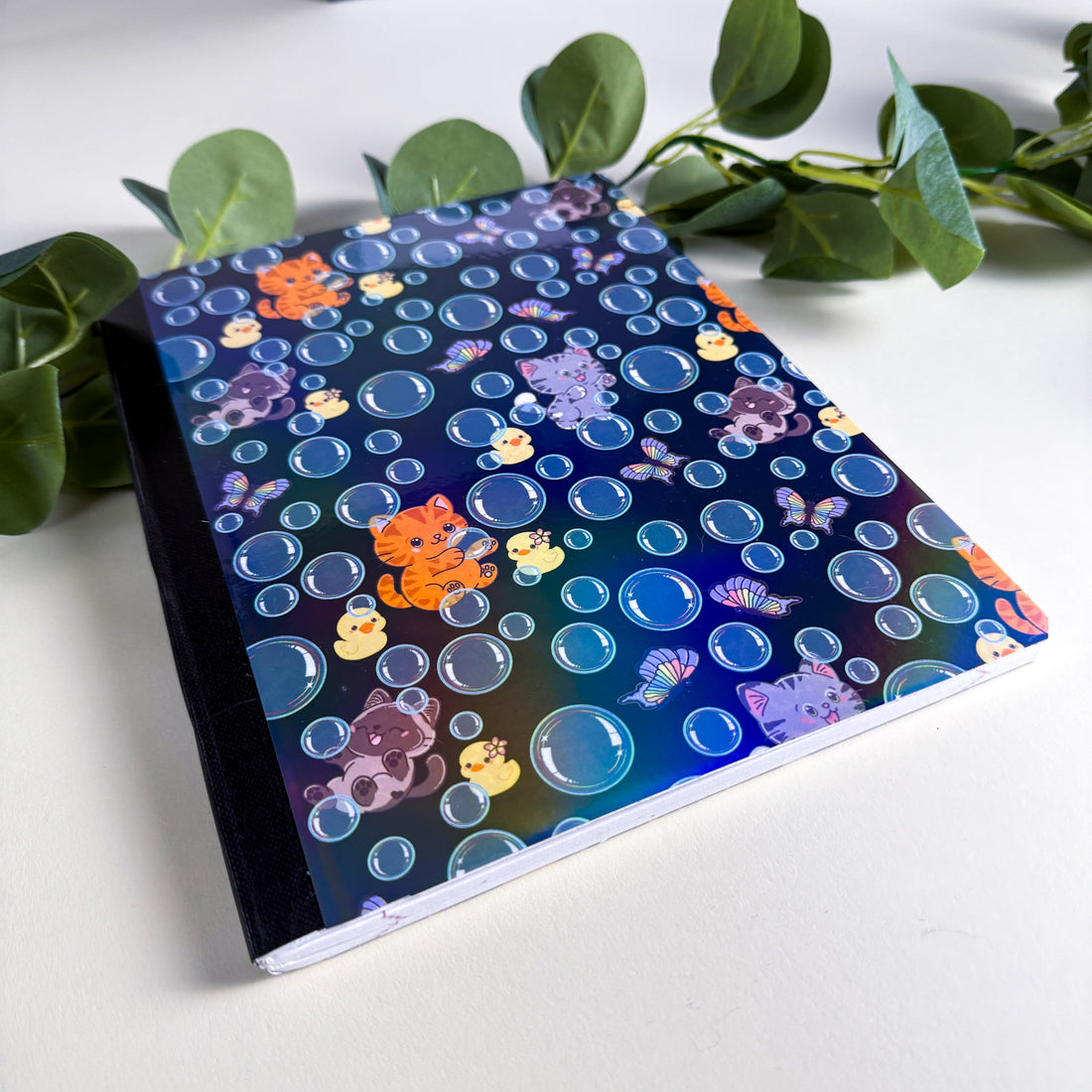 Bubbles, Butterflies, &amp; Cats Kittlins Notebook | Holographic Composition Notebook | 160 Pages | College Ruled