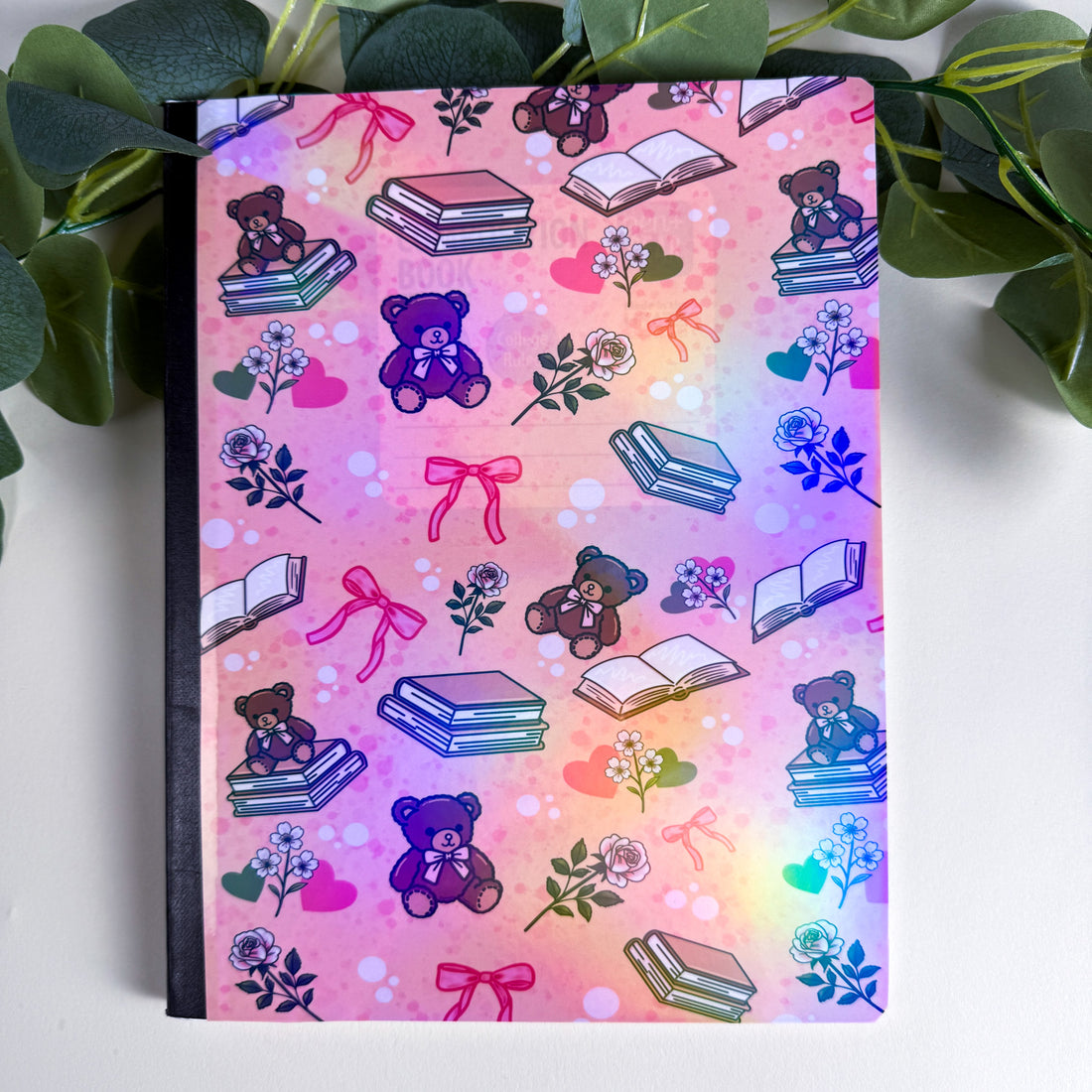 Bears and Books Pink Notebook | Holographic Composition Notebook | 160 Pages | College Ruled