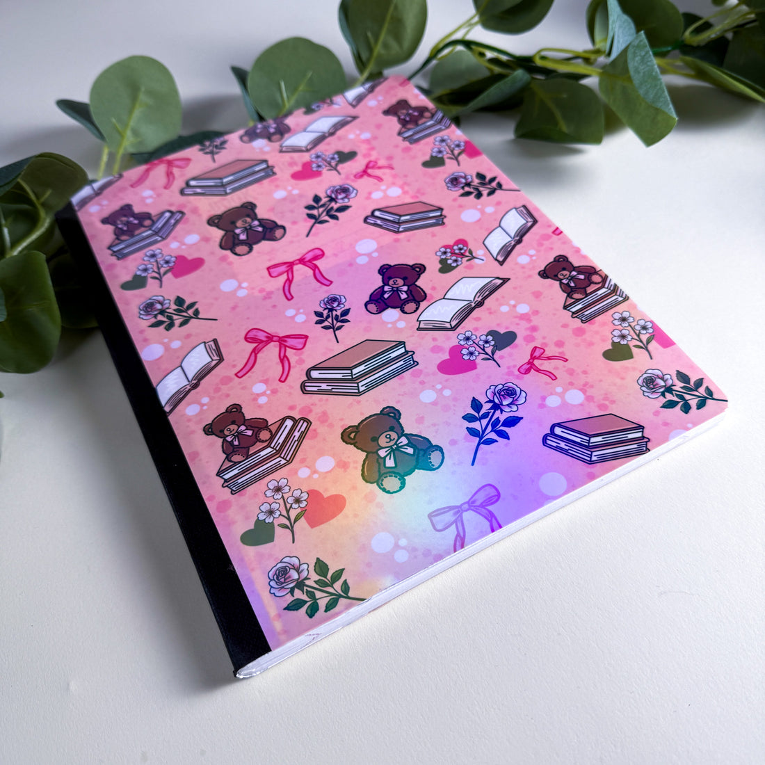 Bears and Books Pink Notebook | Holographic Composition Notebook | 160 Pages | College Ruled