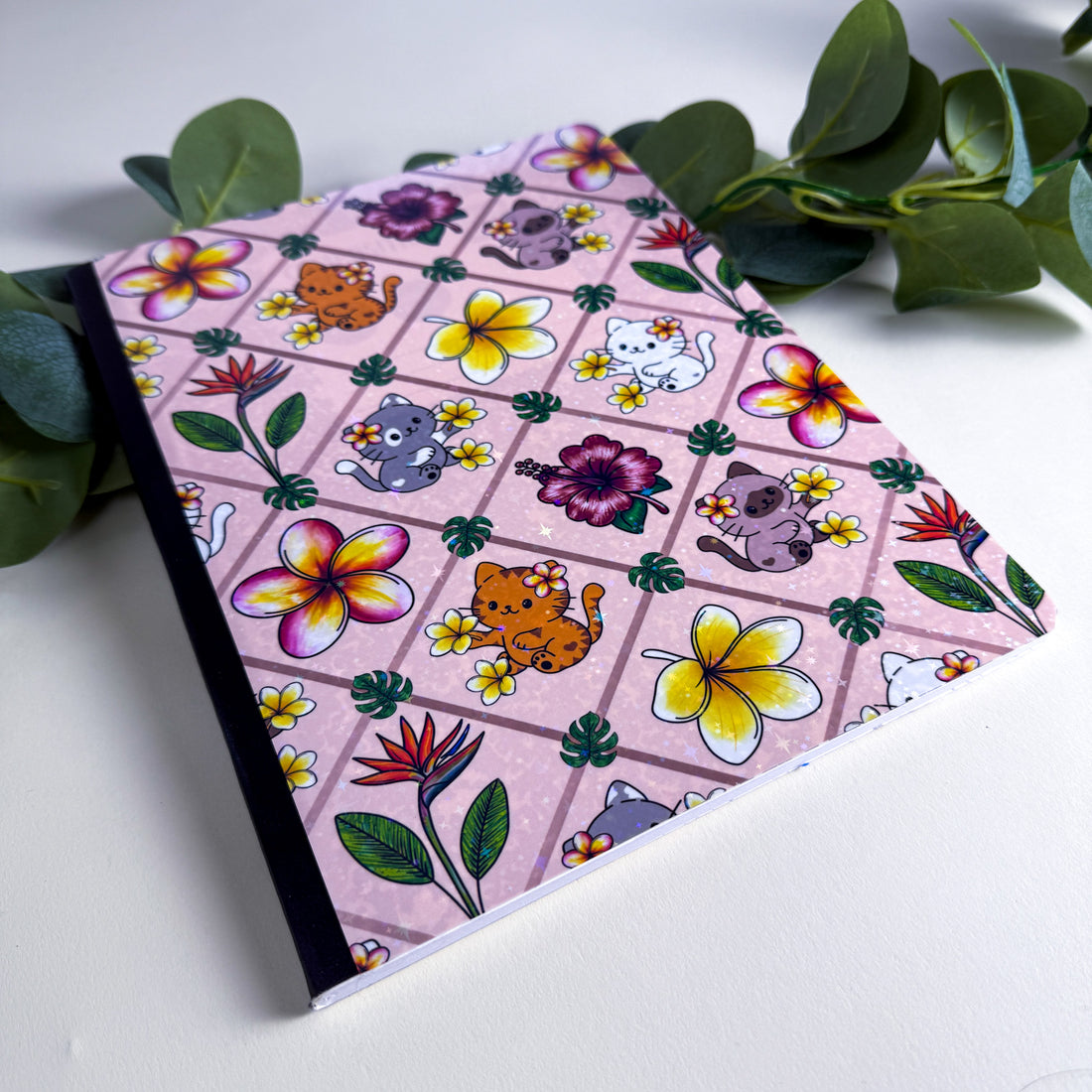 Tropical Cats and Flowers Pink Paradise Kittlins Notebook | Cute Floral Composition Notebook | 160 Pages | College Ruled