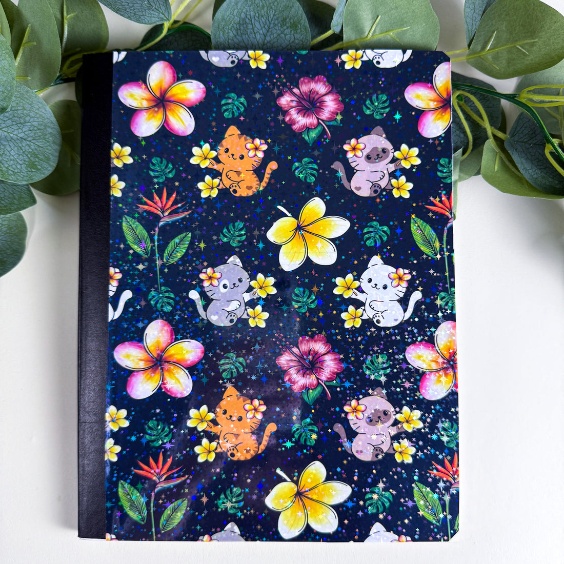 Tropical Cats and Flowers Night Sky Black Kittlins Notebook | Holographic Composition Notebook | 160 Pages | College Ruled