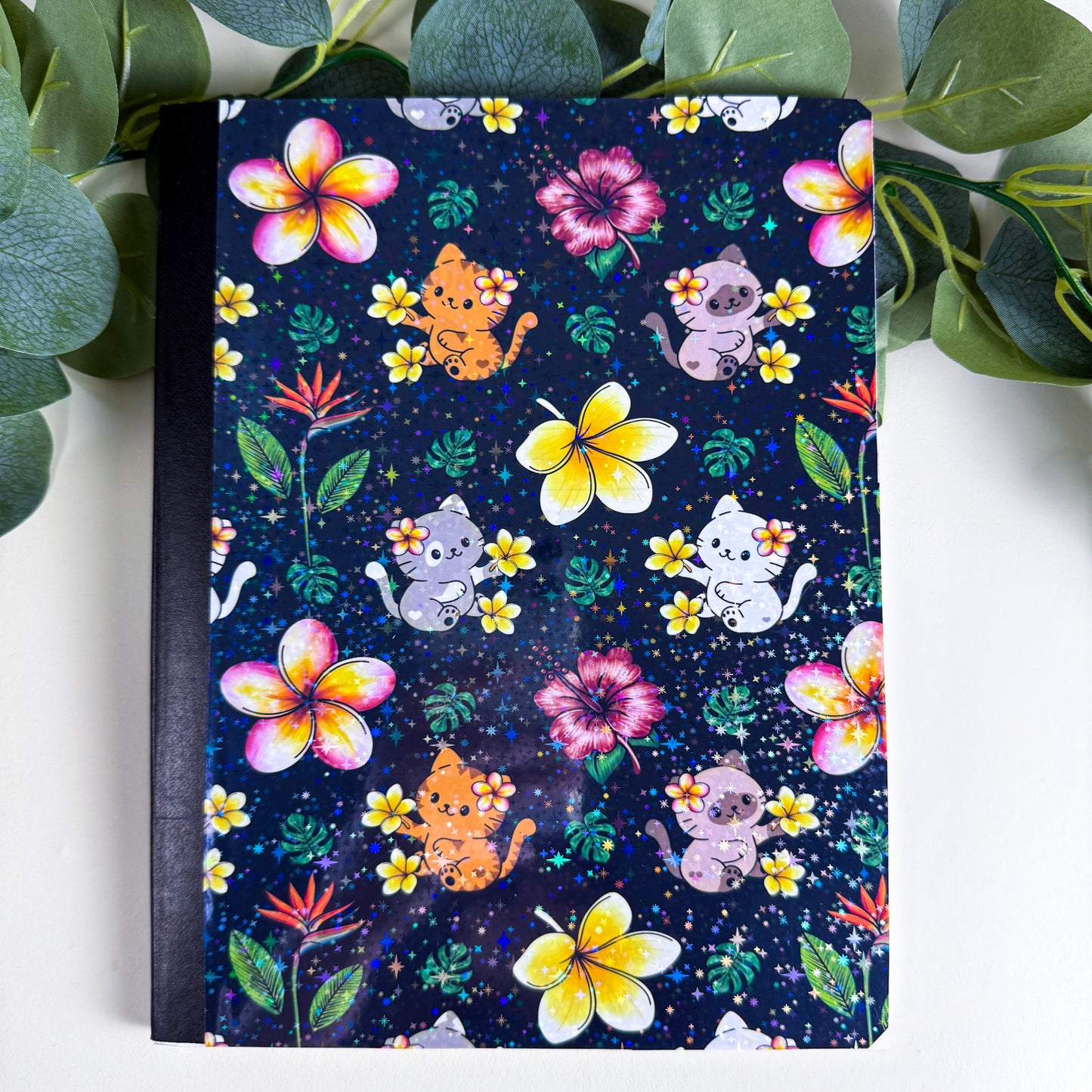 Tropical Cats Night Sky Holographic Notebook