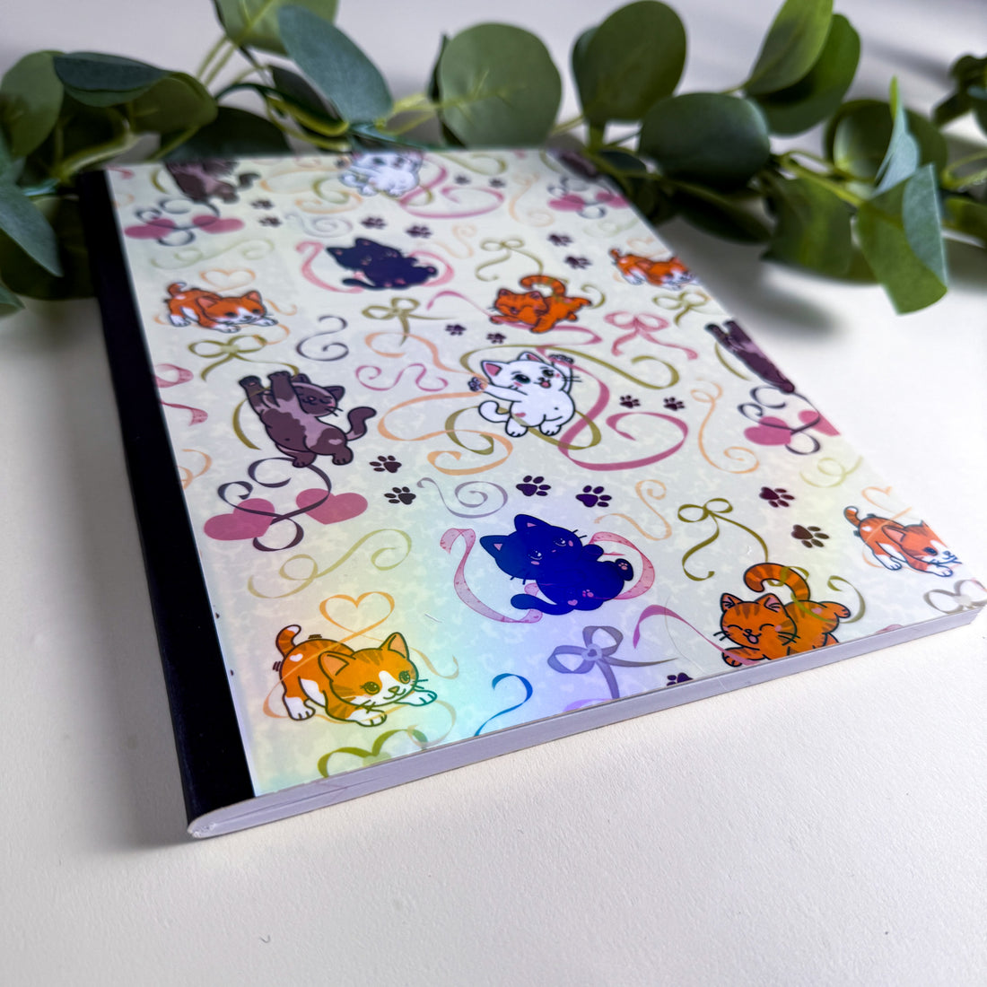Ribbons and Pawprints Kittlins Notebook | Holographic Composition Notebook | 160 Pages | College Ruled