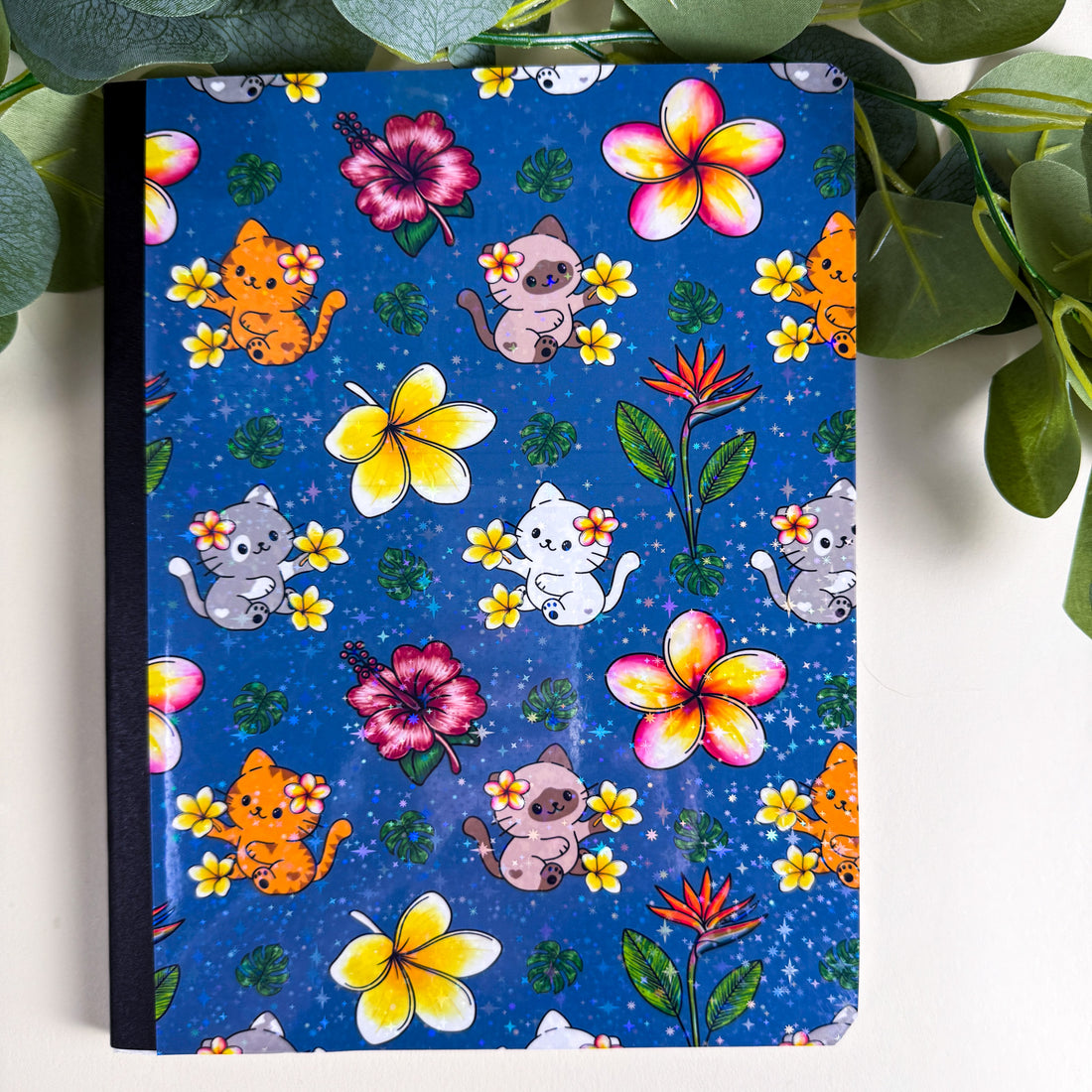 Tropical Cats and Flowers Blue Sky Kittlins Notebook | Holographic Composition Notebook | 160 Pages | College Ruled