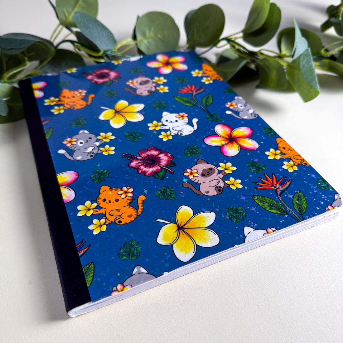 Tropical Cats and Flowers Blue Sky Kittlins Notebook | Holographic Composition Notebook | 160 Pages | College Ruled