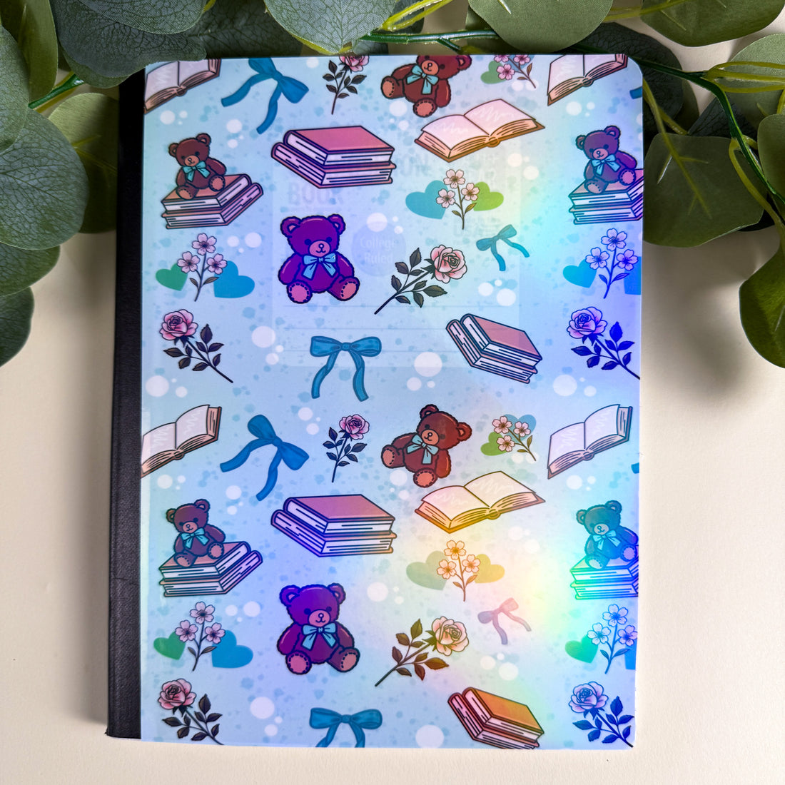 Bears and Books Blue Notebook | Holographic Composition Notebook | 160 Pages | College Ruled
