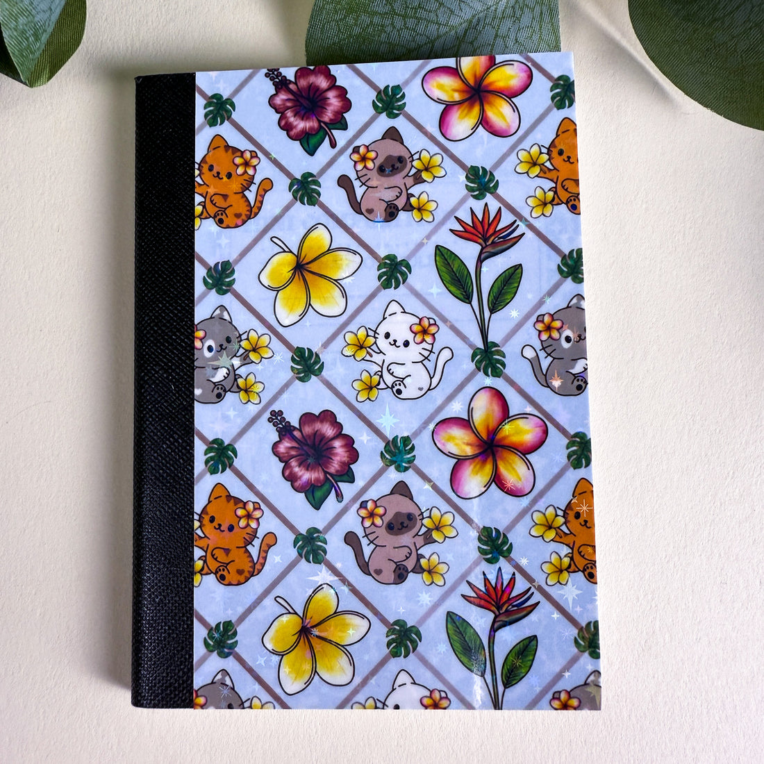 Mini Tropical Cats and Flowers Light Blue Kittlins Notebook | Holographic Composition Notebook | 120 Pages | College Ruled