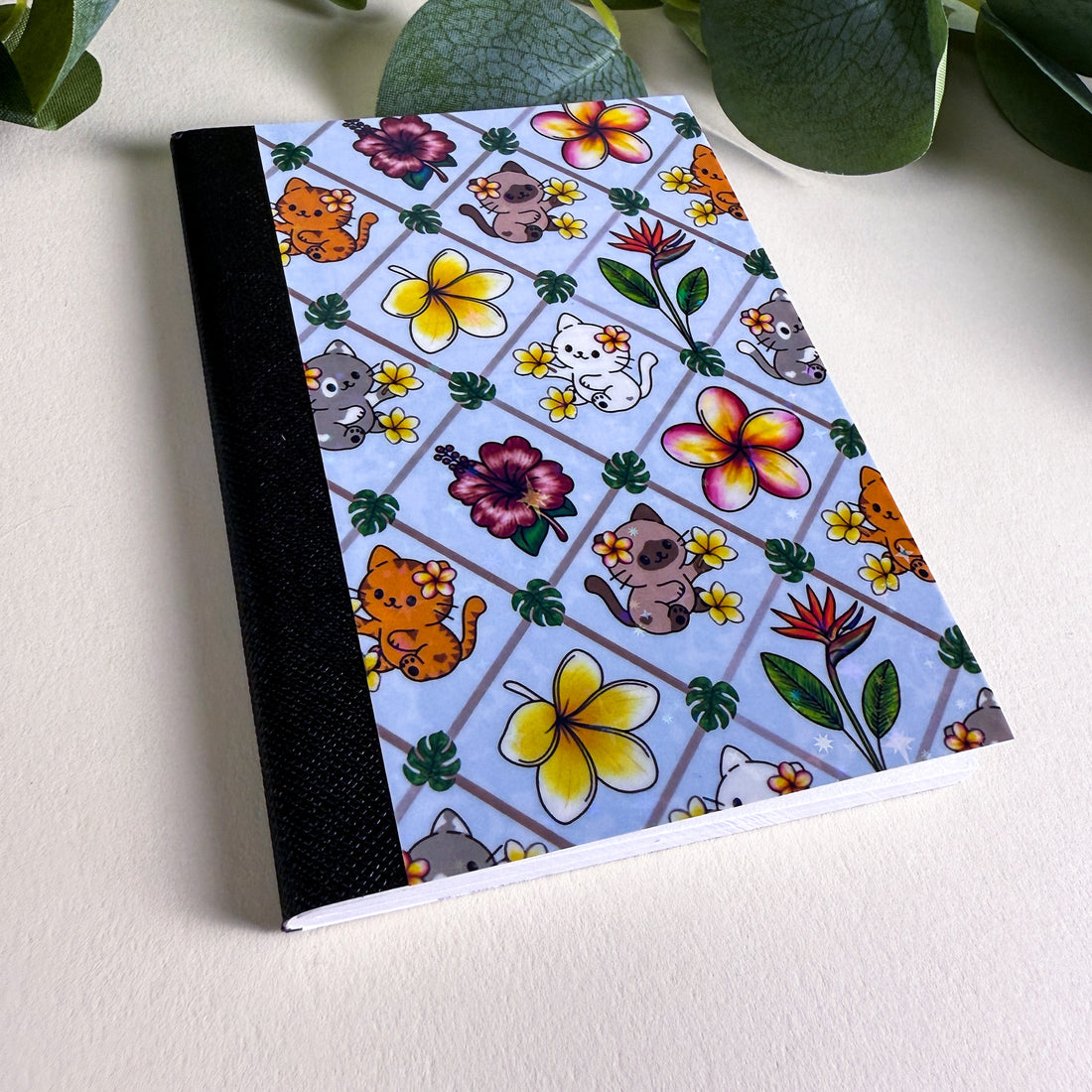 Mini Tropical Cats and Flowers Light Blue Kittlins Notebook | Holographic Composition Notebook | 120 Pages | College Ruled