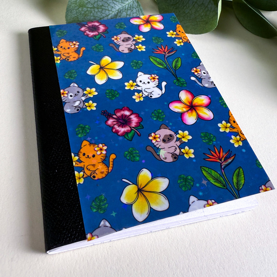 Mini Tropical Cats and Flowers Dark Blue Kittlins Notebook | Holographic Composition Notebook | 120 Pages | College Ruled