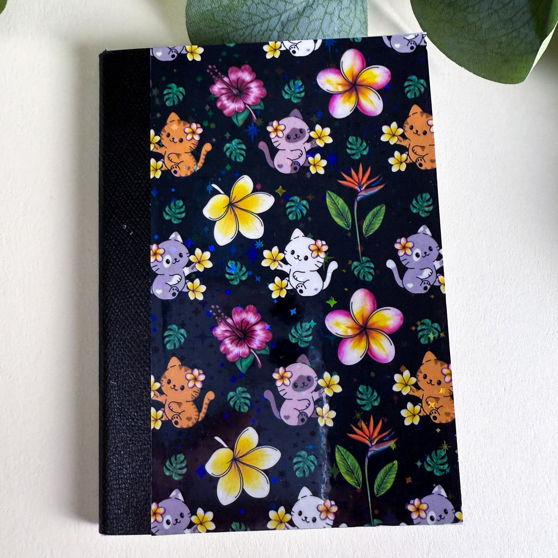 Mini Tropical Cats and Flowers Night Sky Black Kittlins Notebook | Holographic Composition Notebook | 120 Pages | College Ruled