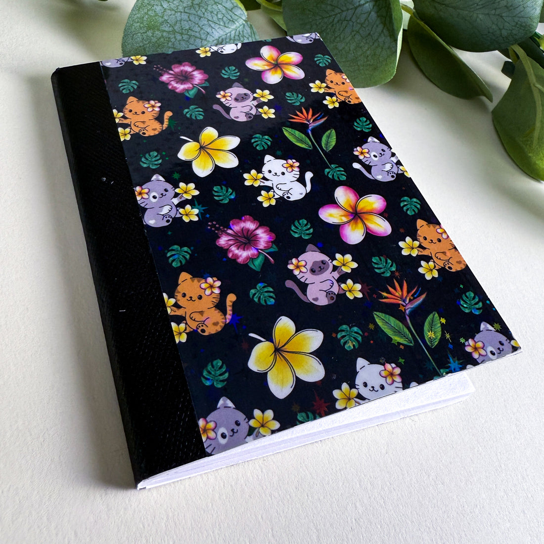 Mini Tropical Cats and Flowers Night Sky Black Kittlins Notebook | Holographic Composition Notebook | 120 Pages | College Ruled