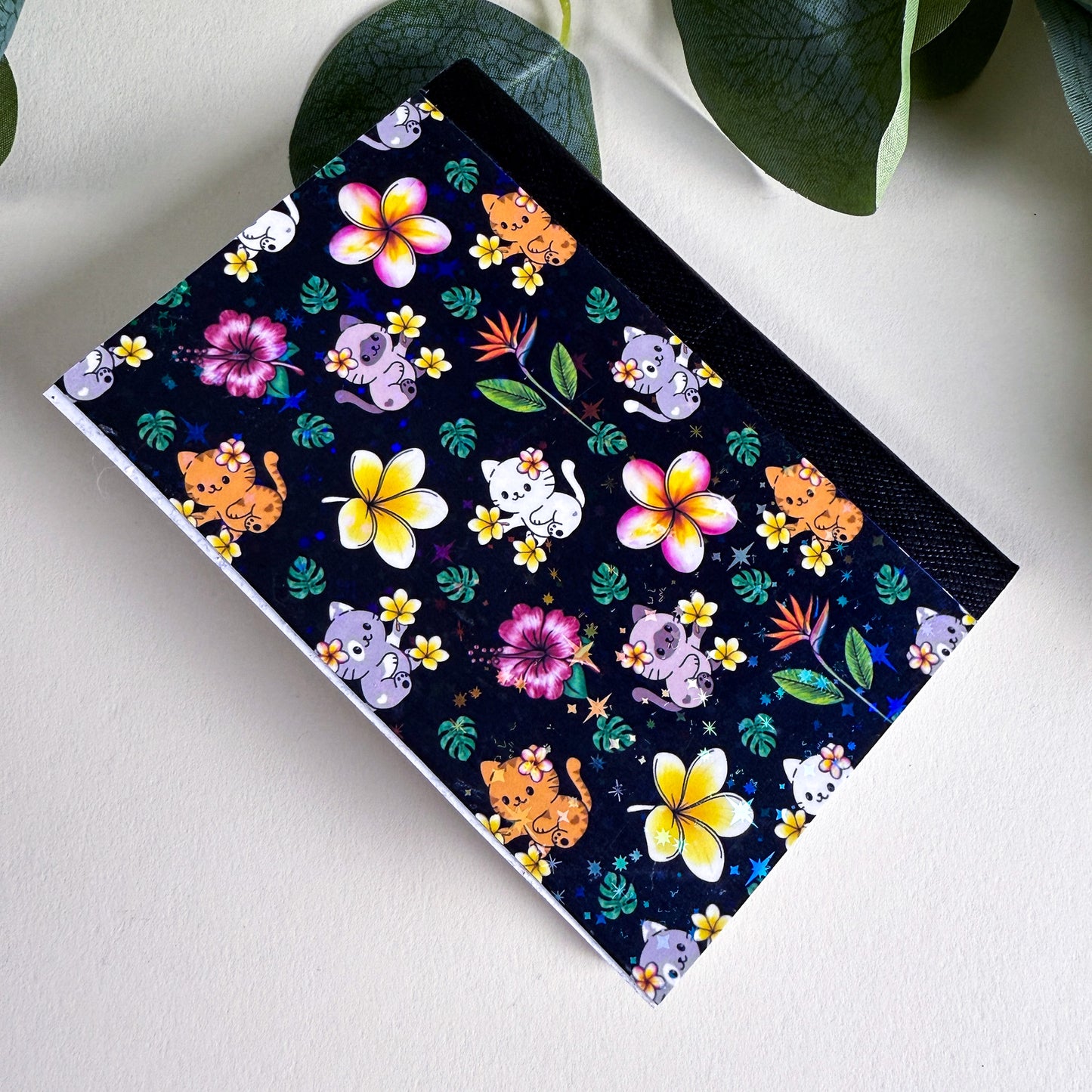 Mini Tropical Cats Night Sky Black Notebook