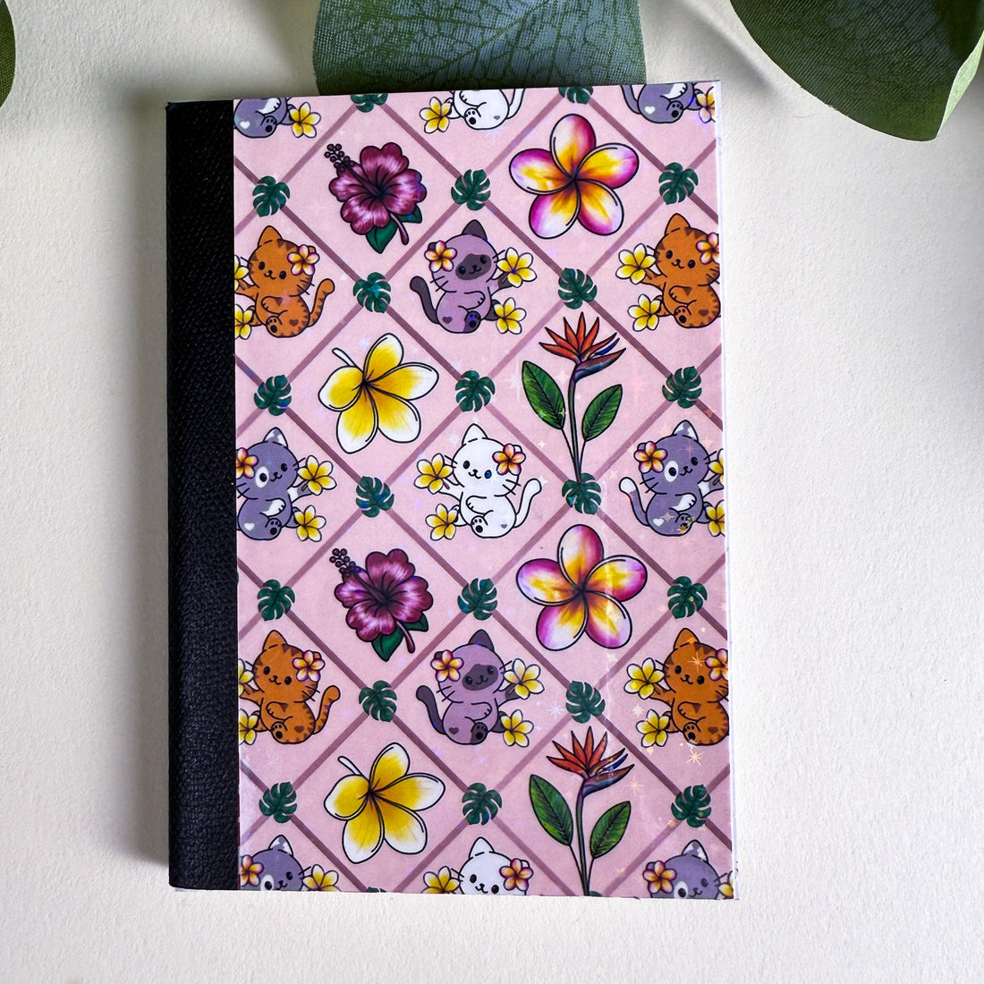 Mini Tropical Cats and Flowers Light Pink Kittlins Notebook | Holographic Composition Notebook | 120 Pages | College Ruled