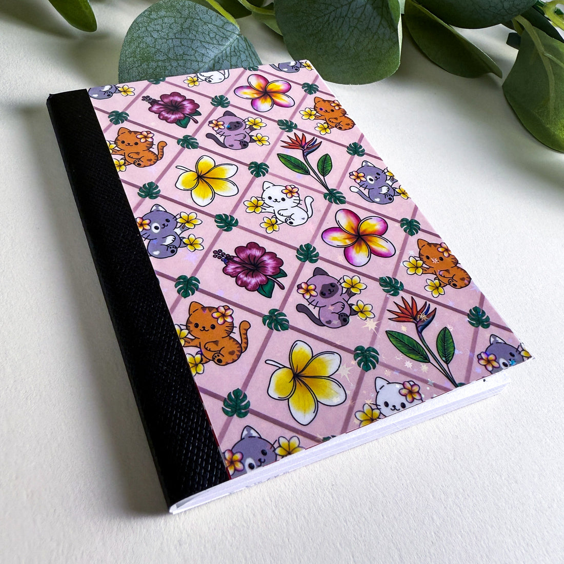 Mini Tropical Cats and Flowers Light Pink Kittlins Notebook | Holographic Composition Notebook | 120 Pages | College Ruled