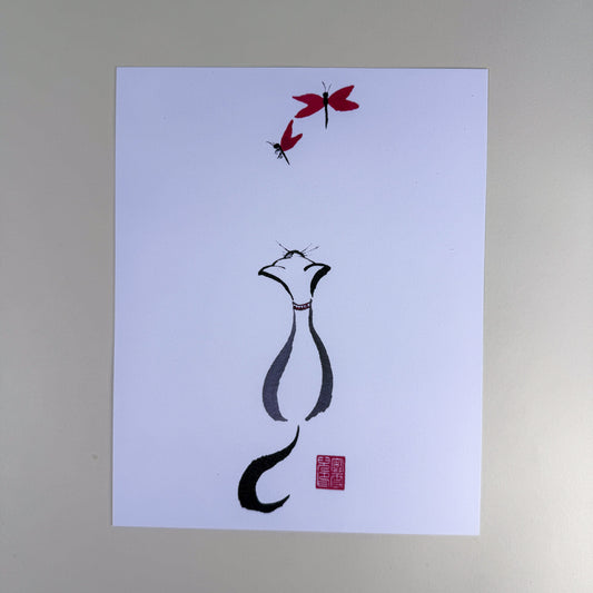Alohi's Wonder Sumi-e Cat & Dragonfly Art Print