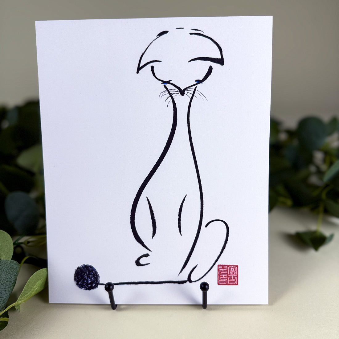 Sumi-e Brush Cat and Yarn - Maybe or Maybe Not | 8" x 10" | Serene Ink Painting