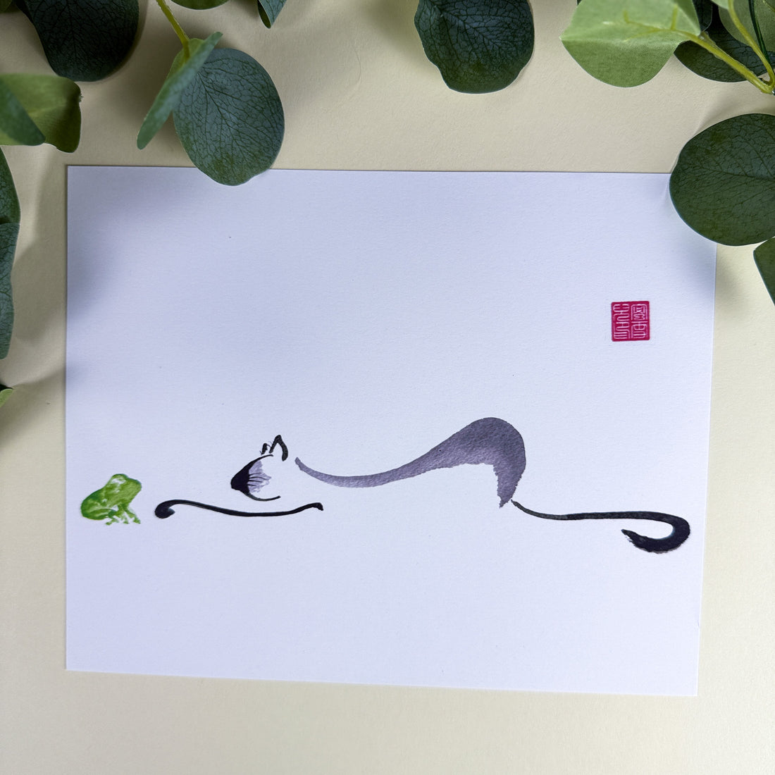 Sumi-e Brush Frog Kiss Kittlin Cat Print| 8" x 10" | Serene Ink Painting